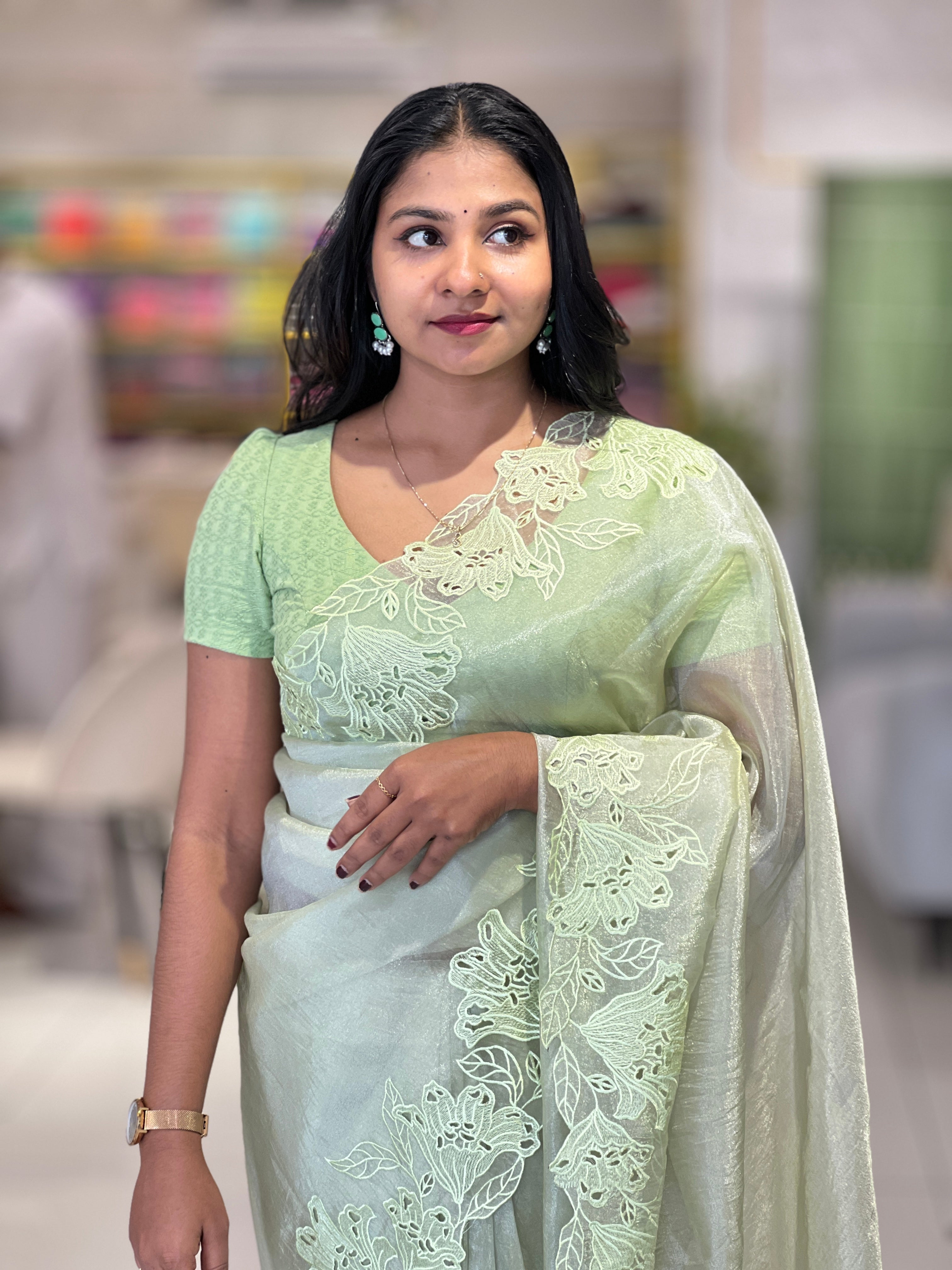 Machine Cutwork With Floral Embroidered Organza Saree | BLD525