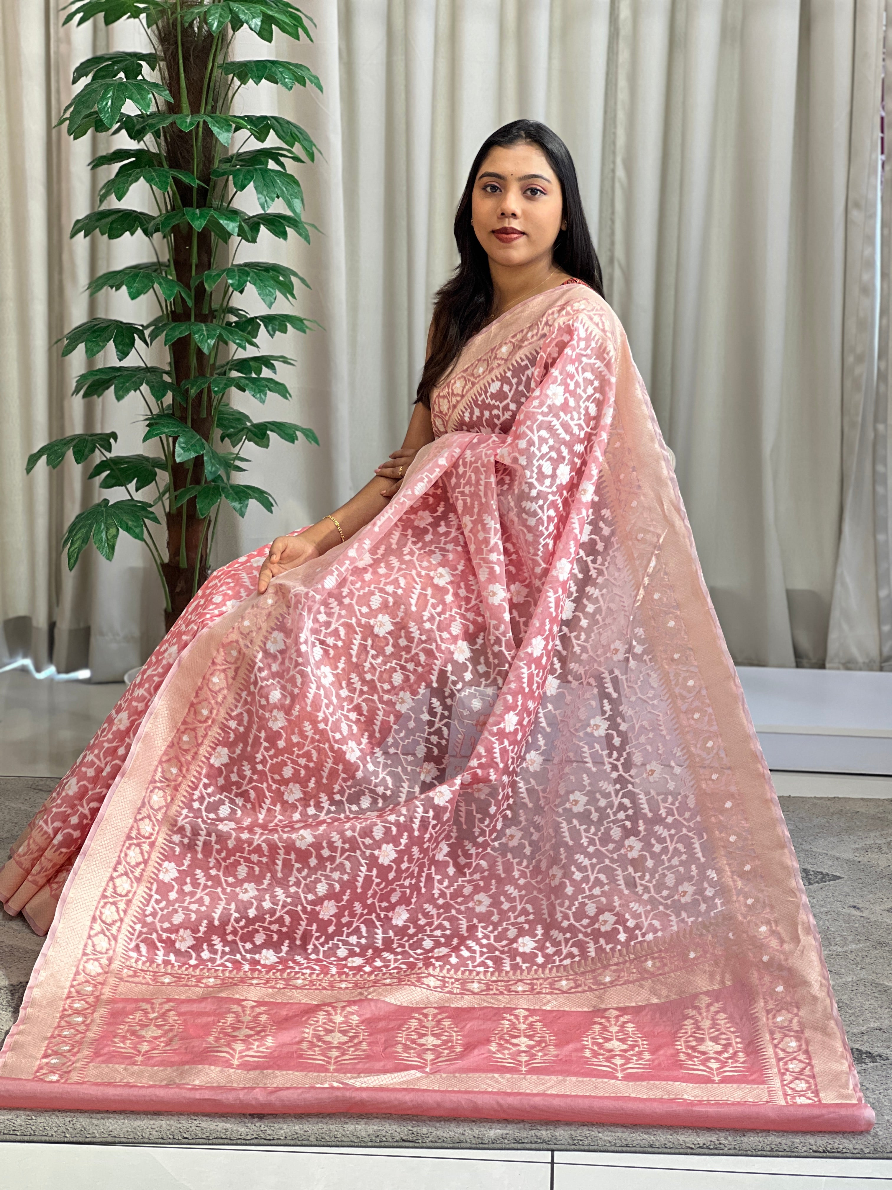 Traditional Jamdani Weave Pure Kora Banarasi Saree |  KMM158