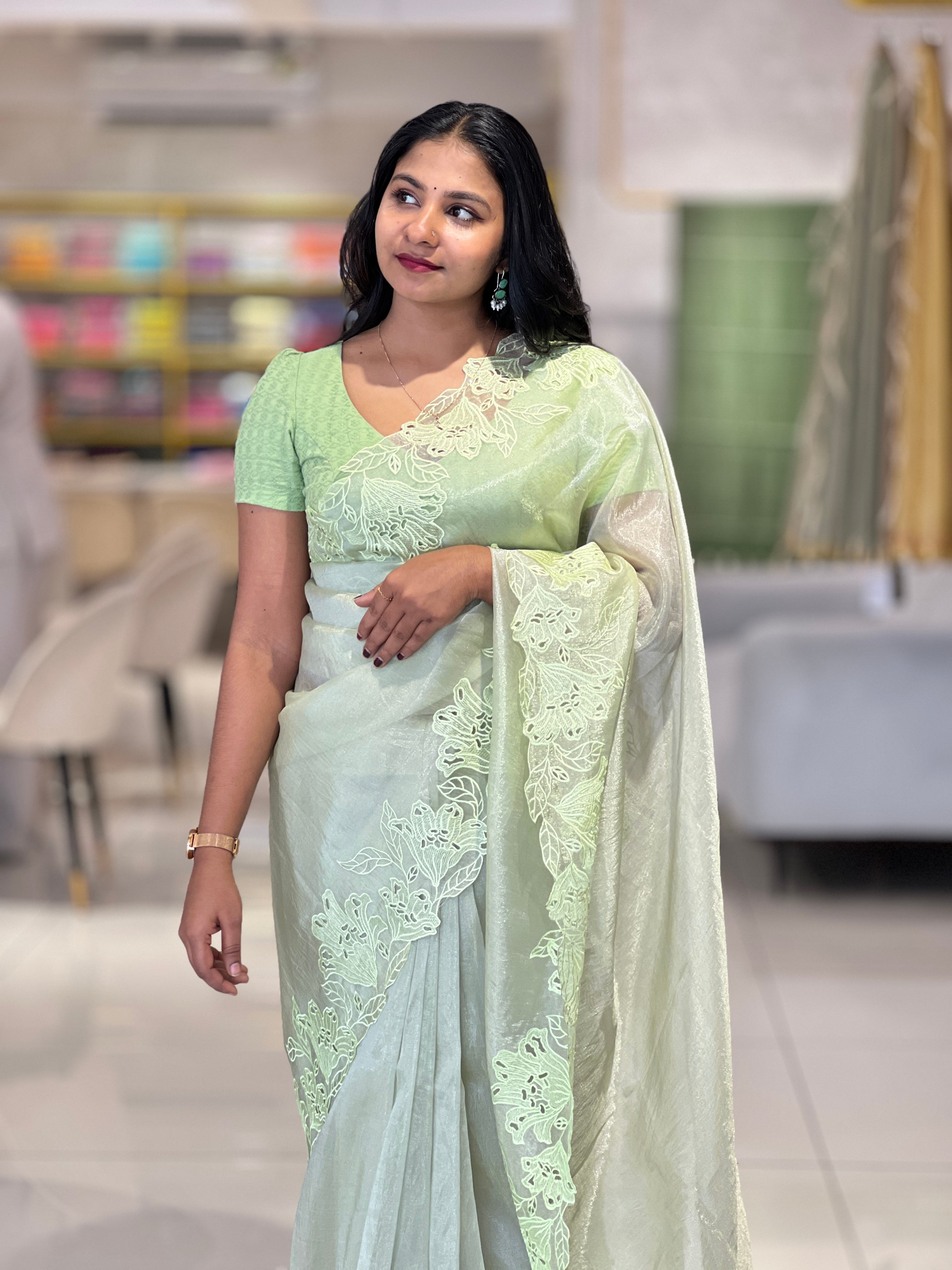 Machine Cutwork With Floral Embroidered Organza Saree | BLD525