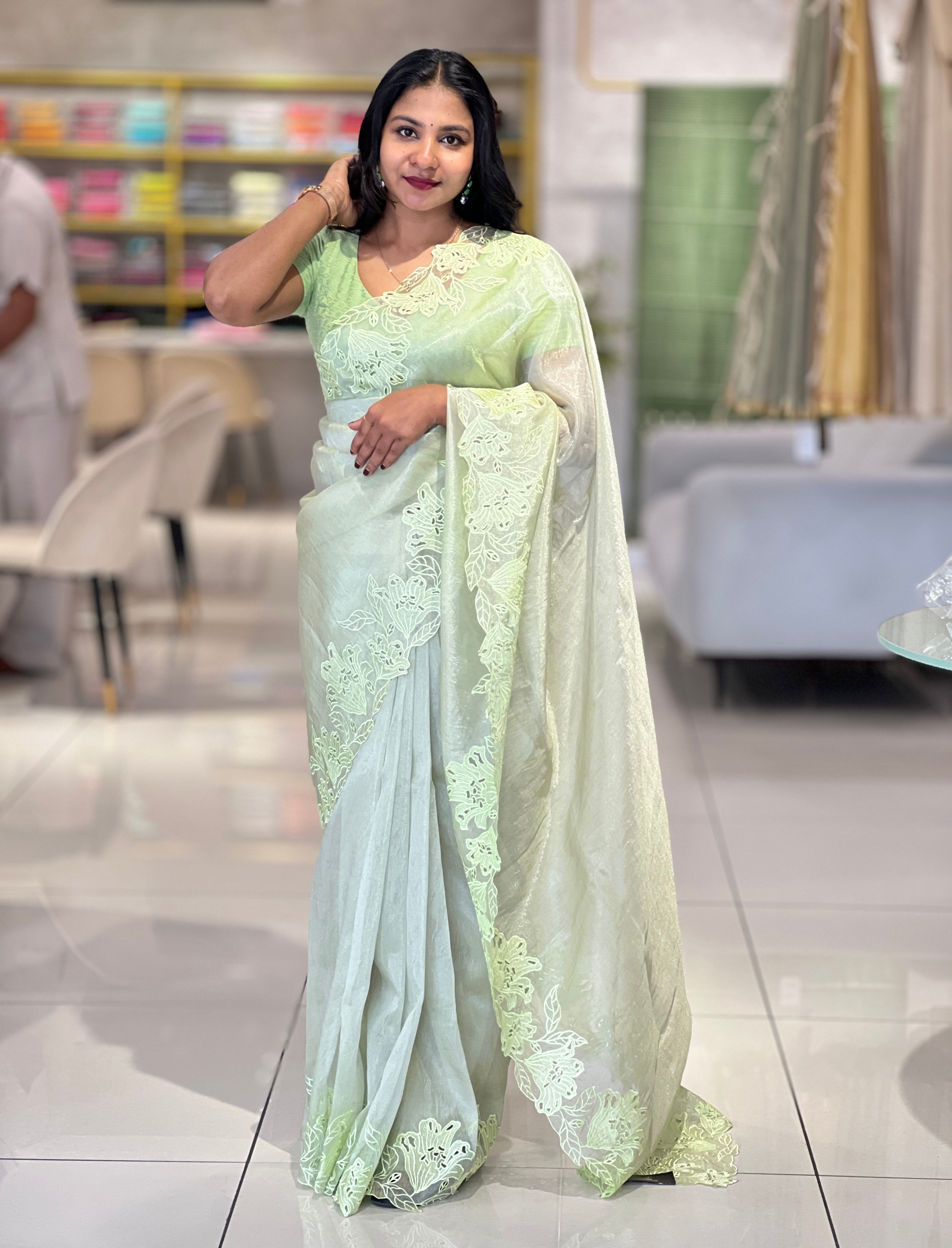 Machine Cutwork With Floral Embroidered Organza Saree | BLD525