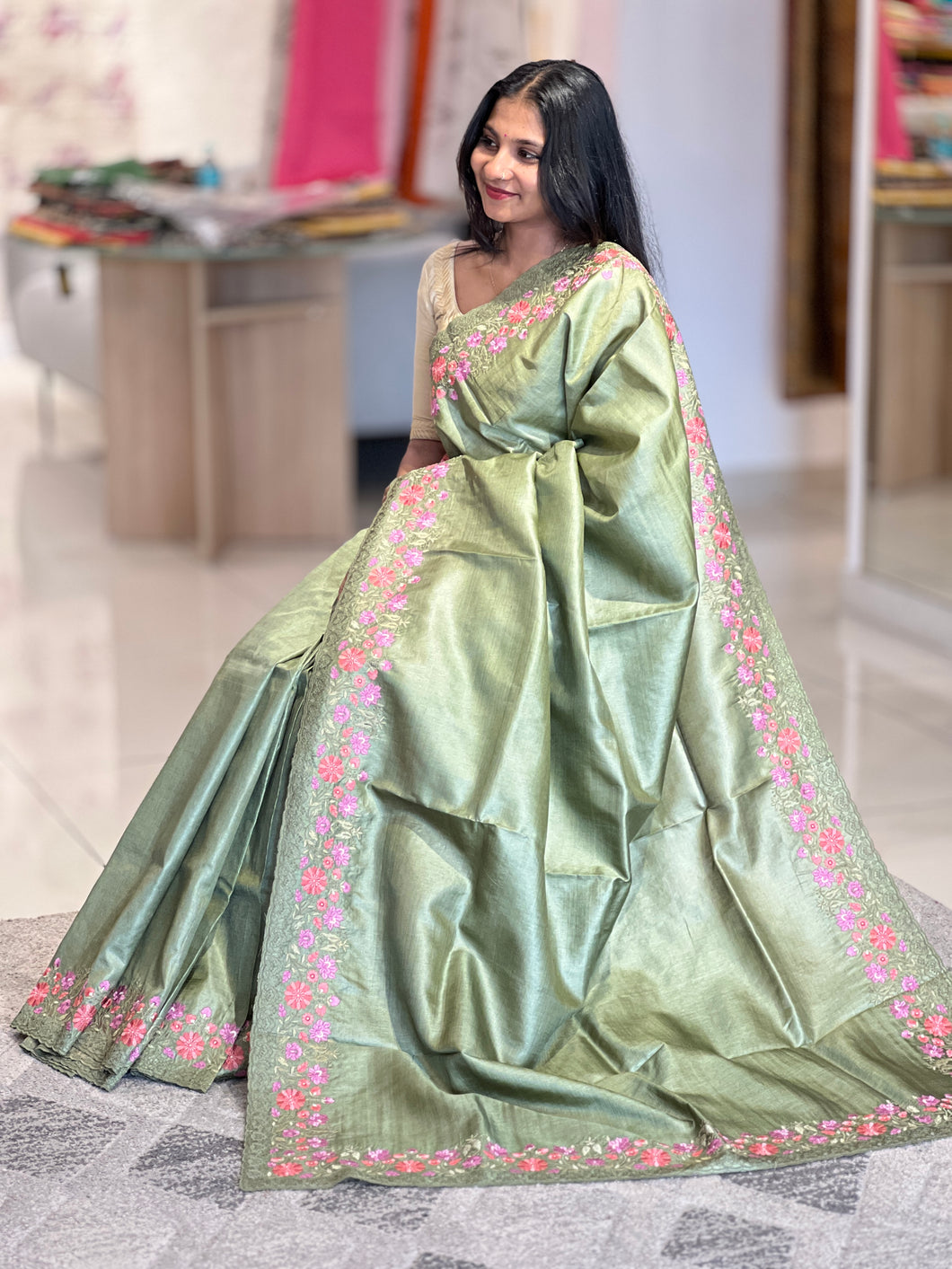 Floral Embroidery Tussar Silk Saree | CHA121