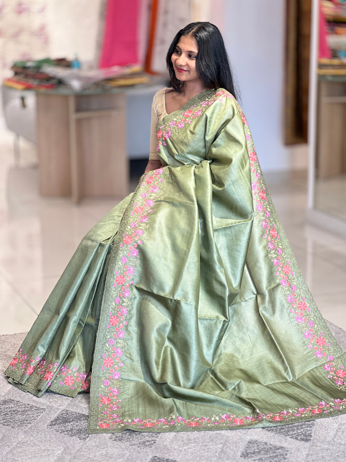 Floral Embroidery Tussar Silk Saree | CHA121