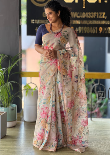 Screen Print Floral Design Linen Saree | SHF147