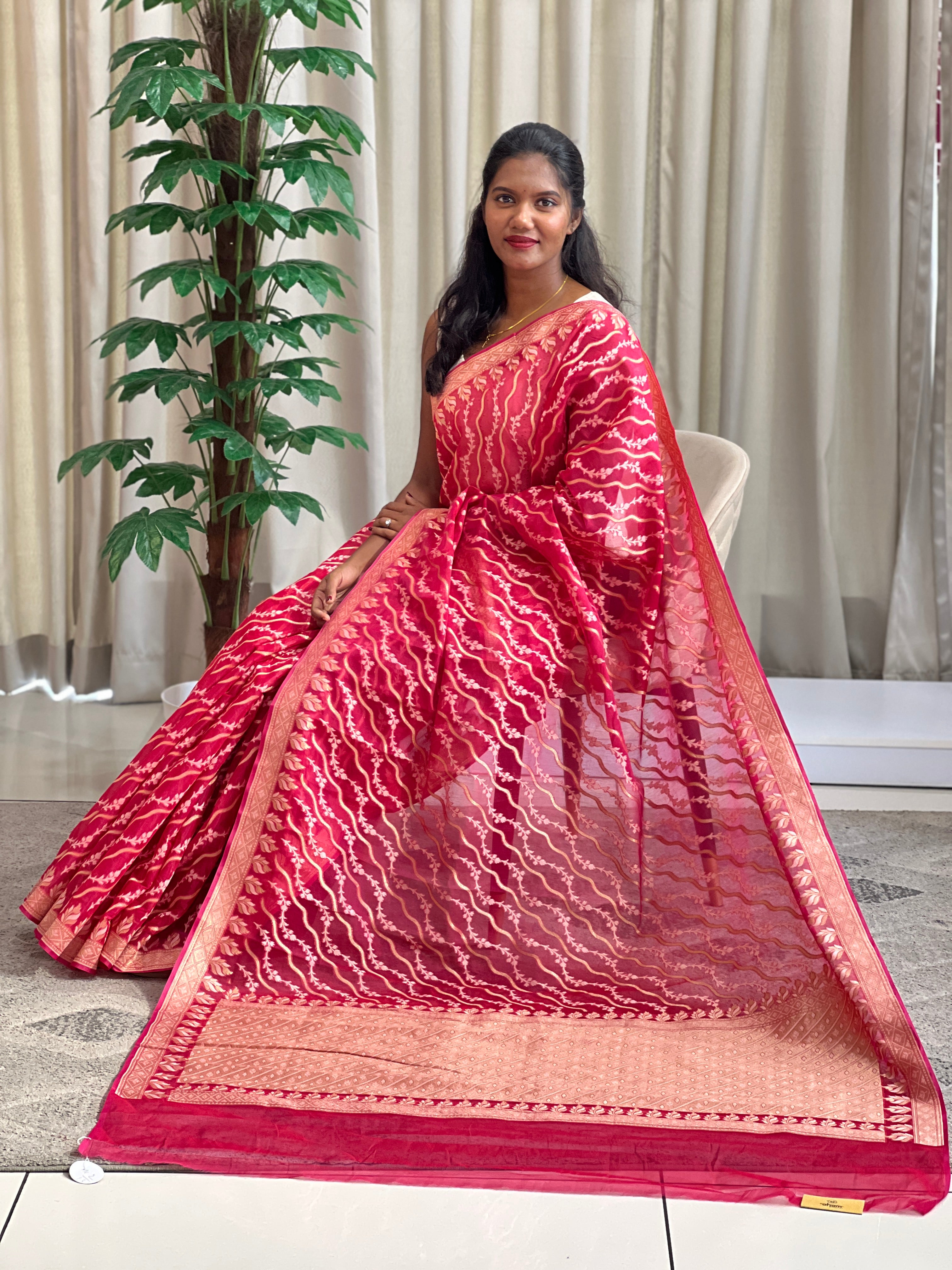 Lehar Pattern Kora Banarasi Saree | KMM132