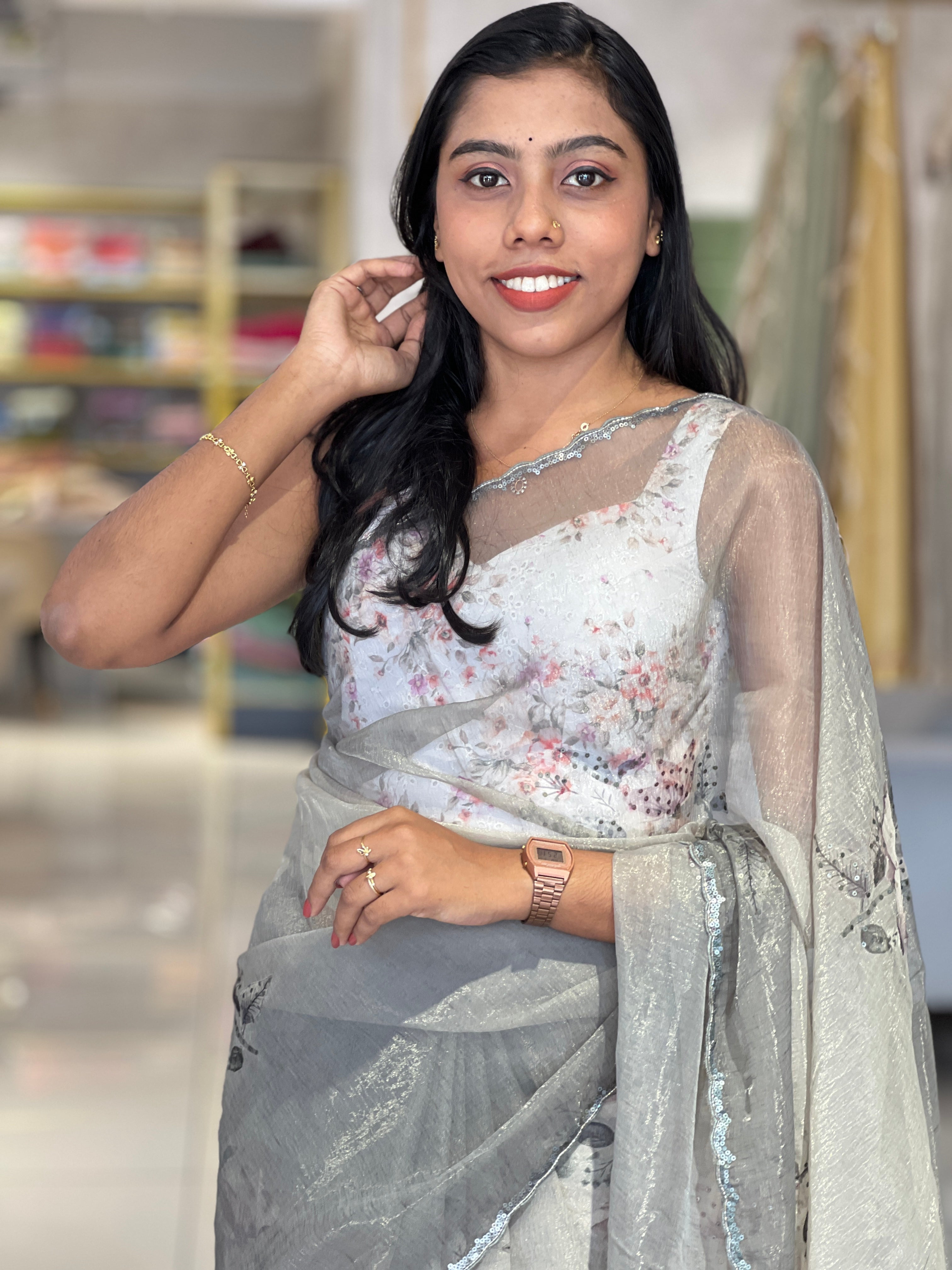 Floral Print With Sequence Highlighted Glass Organza Saree | BLD480