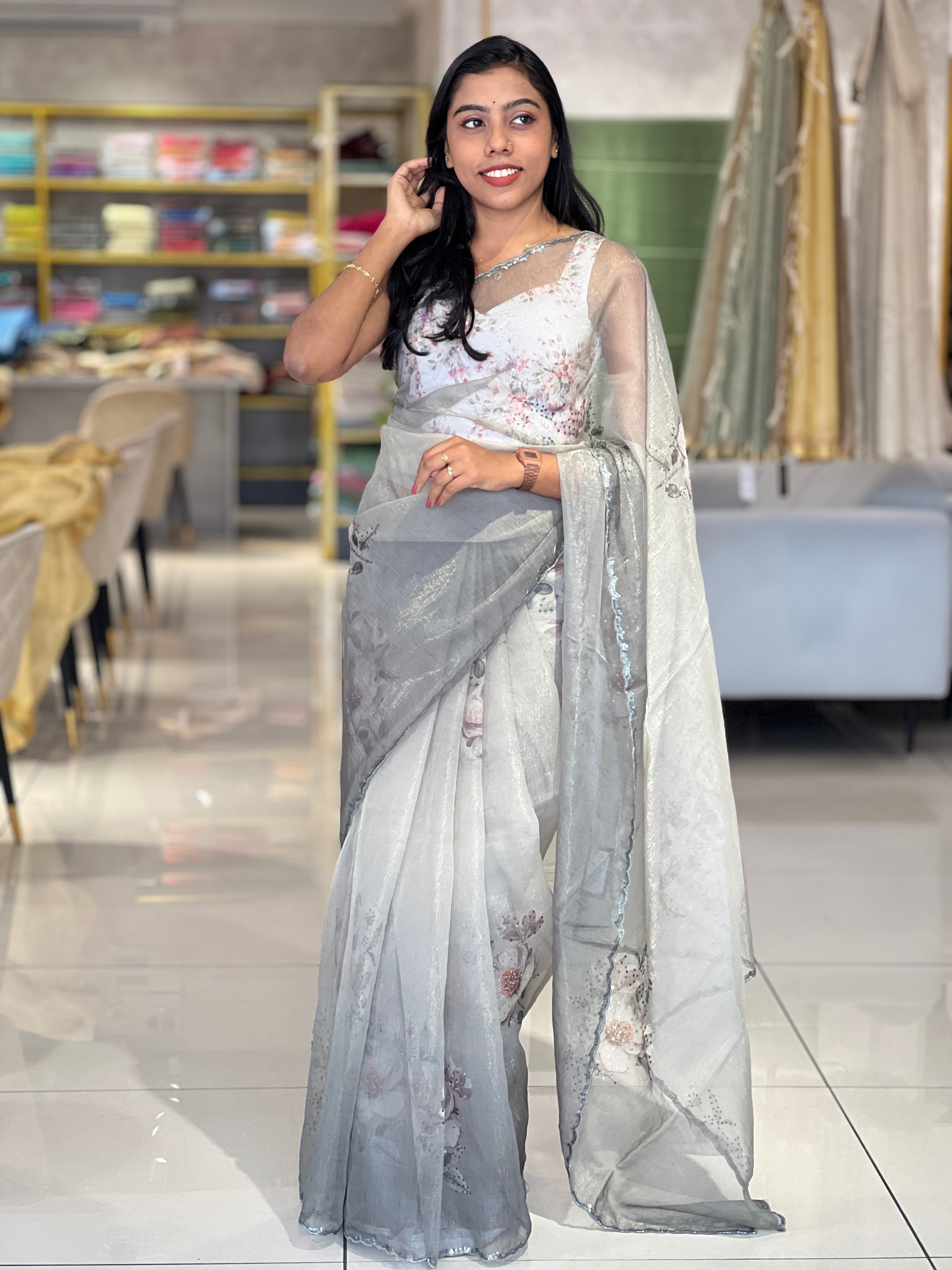 Floral Print With Sequence Highlighted Glass Organza Saree | BLD480
