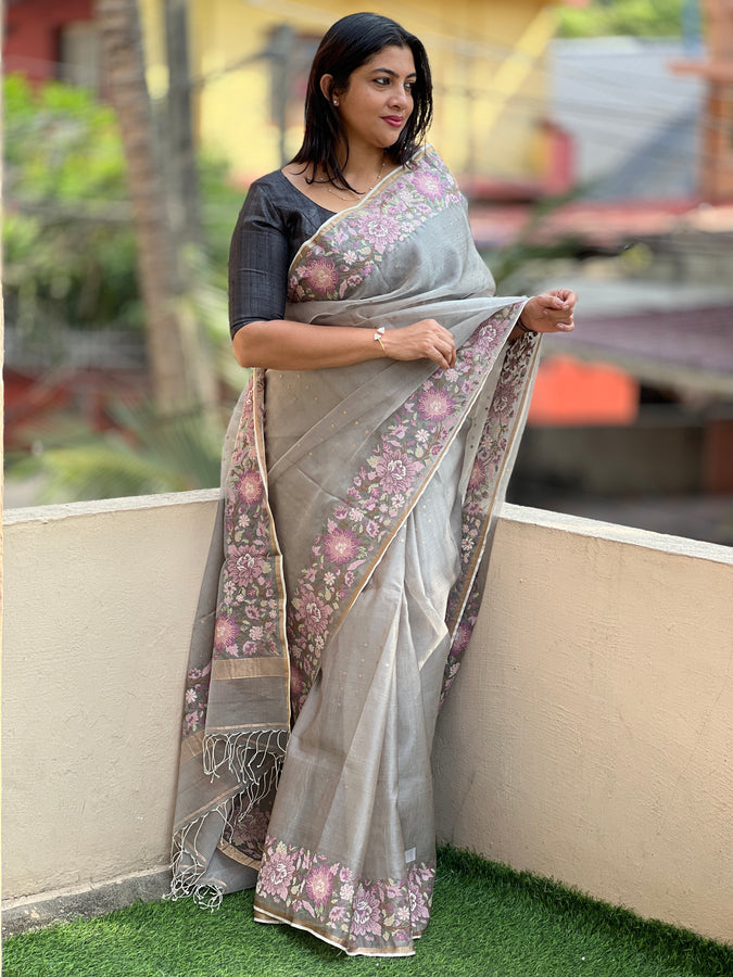 Grey color Tussar Organza Saree | RGD147