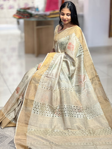 Floral Print & Cut Work Detailed Tussar Saree | COC105