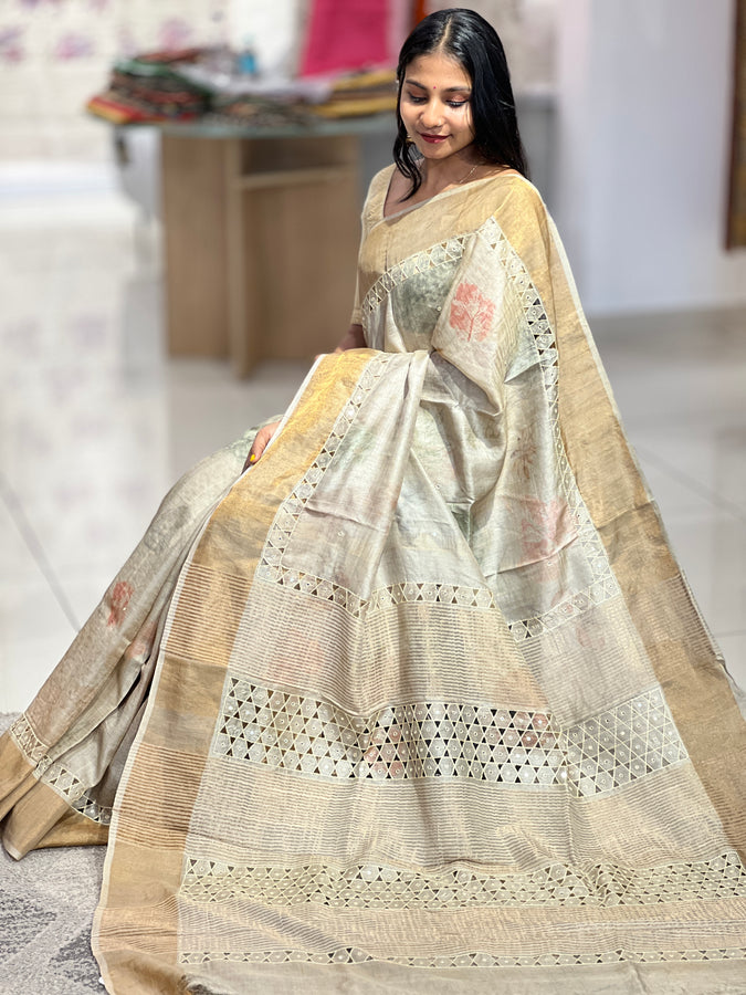 Floral Print & Cut Work Detailed Tussar Saree | COC105
