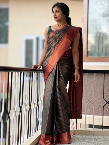 Chocolate Brown Plain Dola Silk Saree