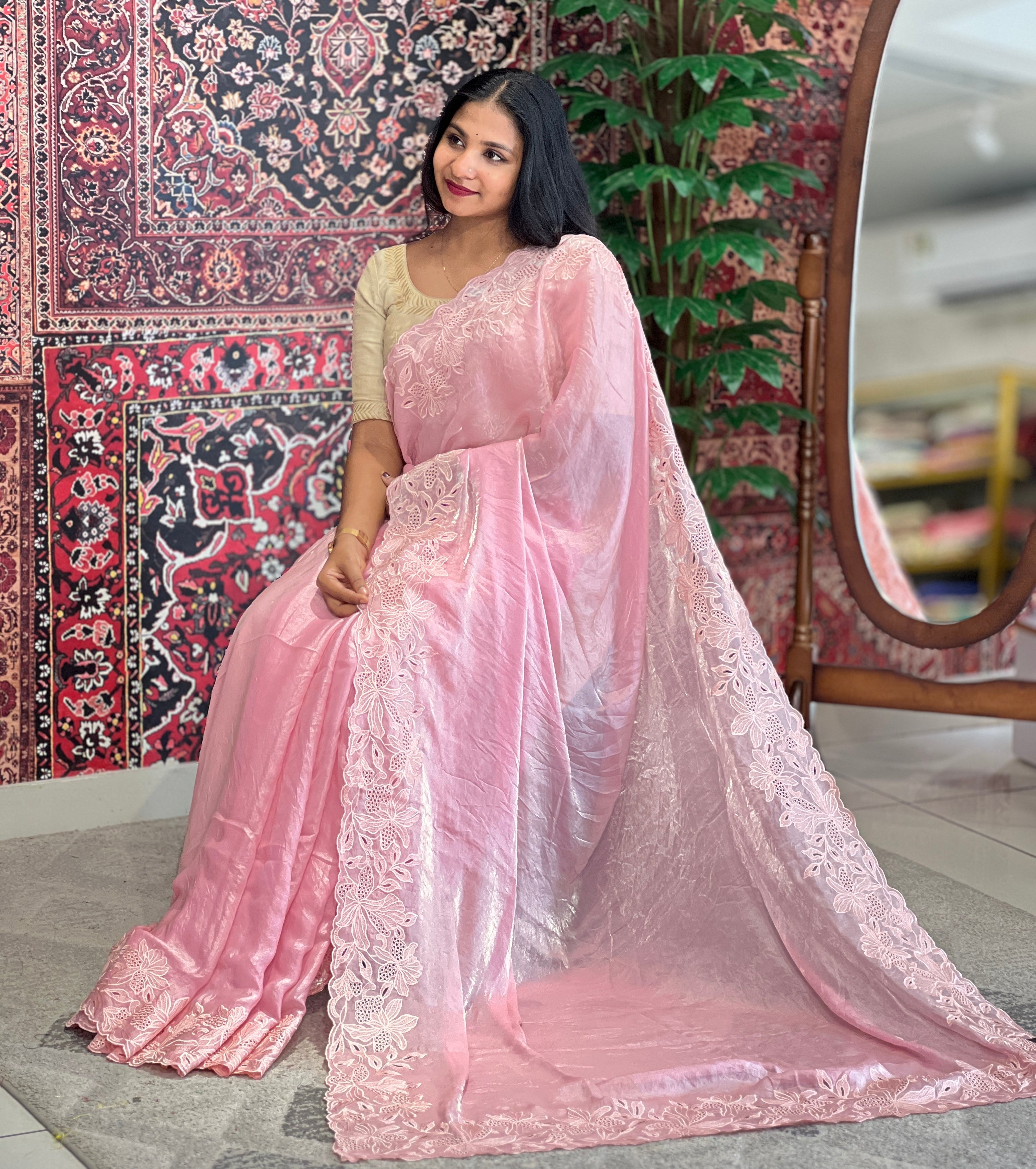 Cut-work Machine Embroidery Border Glass Orgnza Saree | BLD483