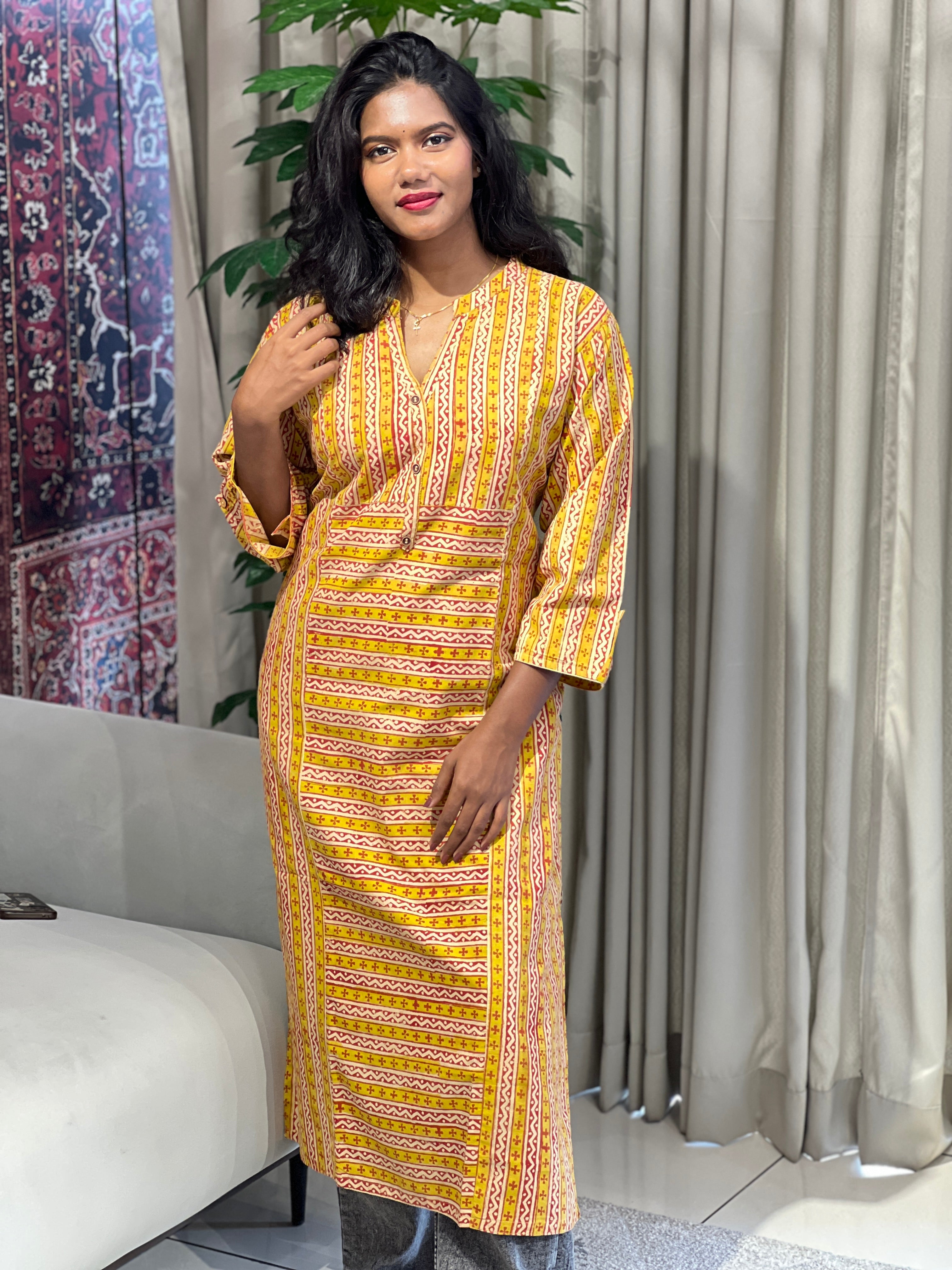 Stripes With Zigzag Pattern Cotton Kurta | RMLA144