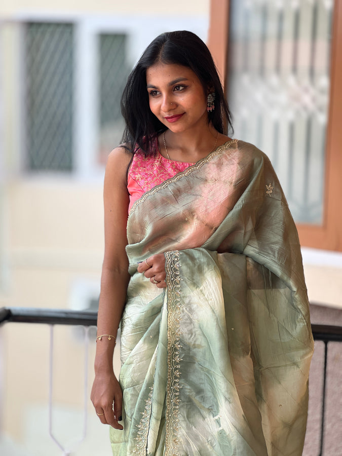 Hand Embroidery Border Shimmer Organza Saree | DVS115