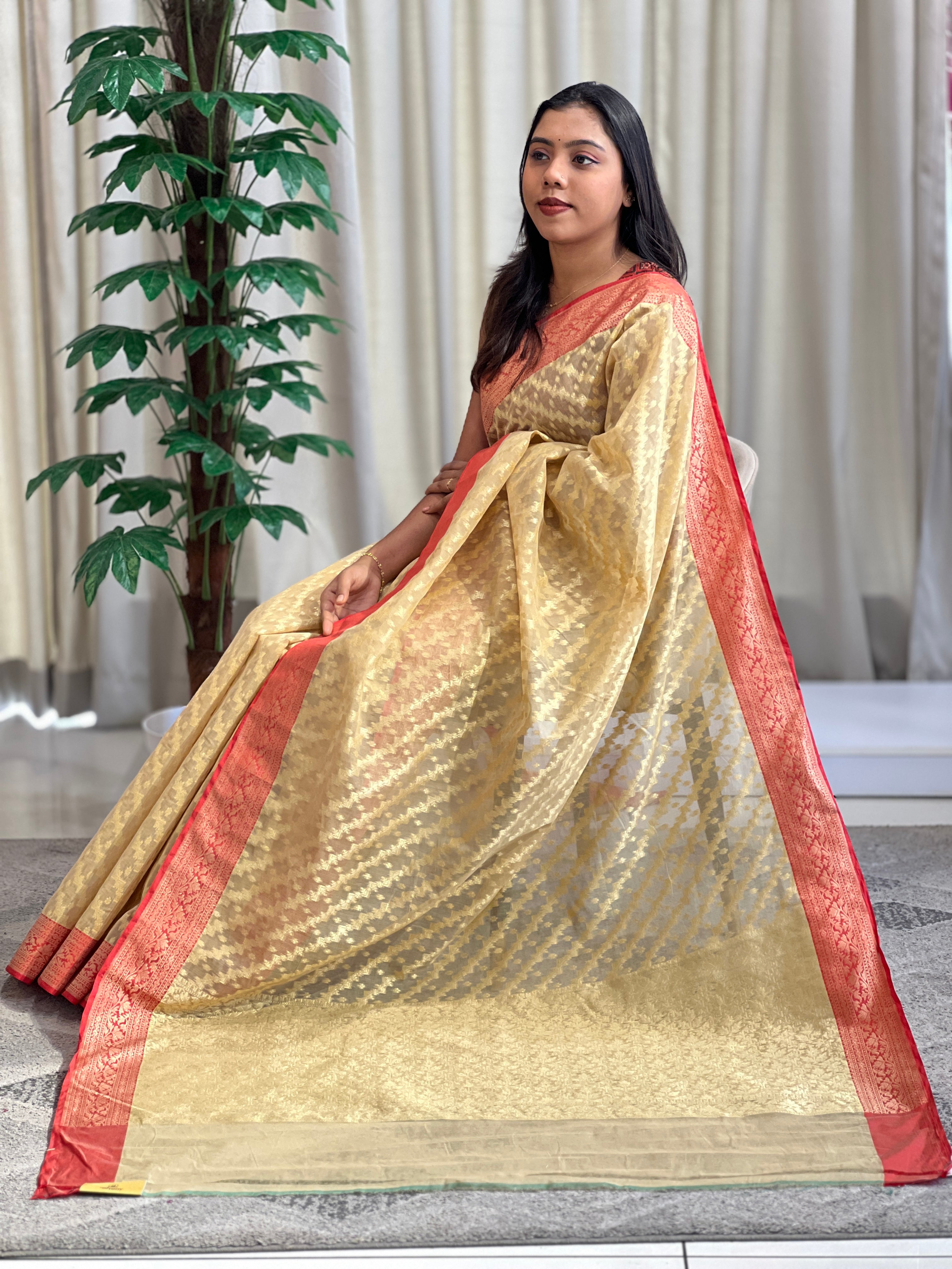 Diagonal Stripe Pattern Kora Banarasi Saree | KMM119