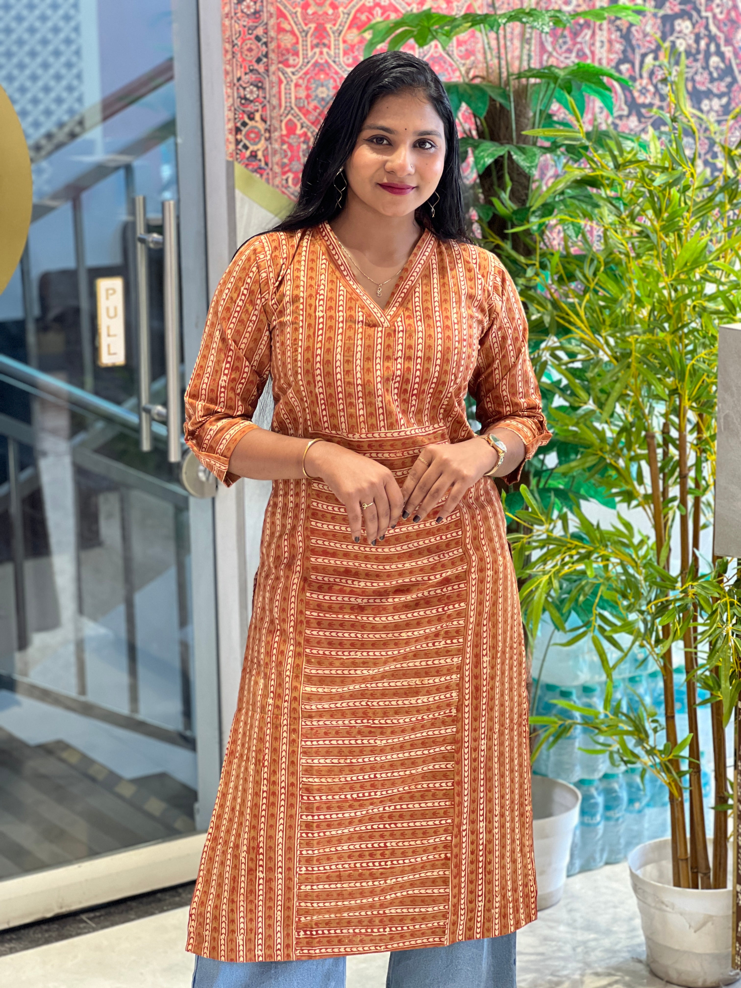 Stripes With Geometric Pattern Cotton Kurta | RMLA156