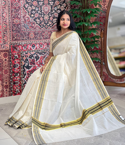Kara With Zari Stripe Border Detailed Kerala Cotton Saree | KL362