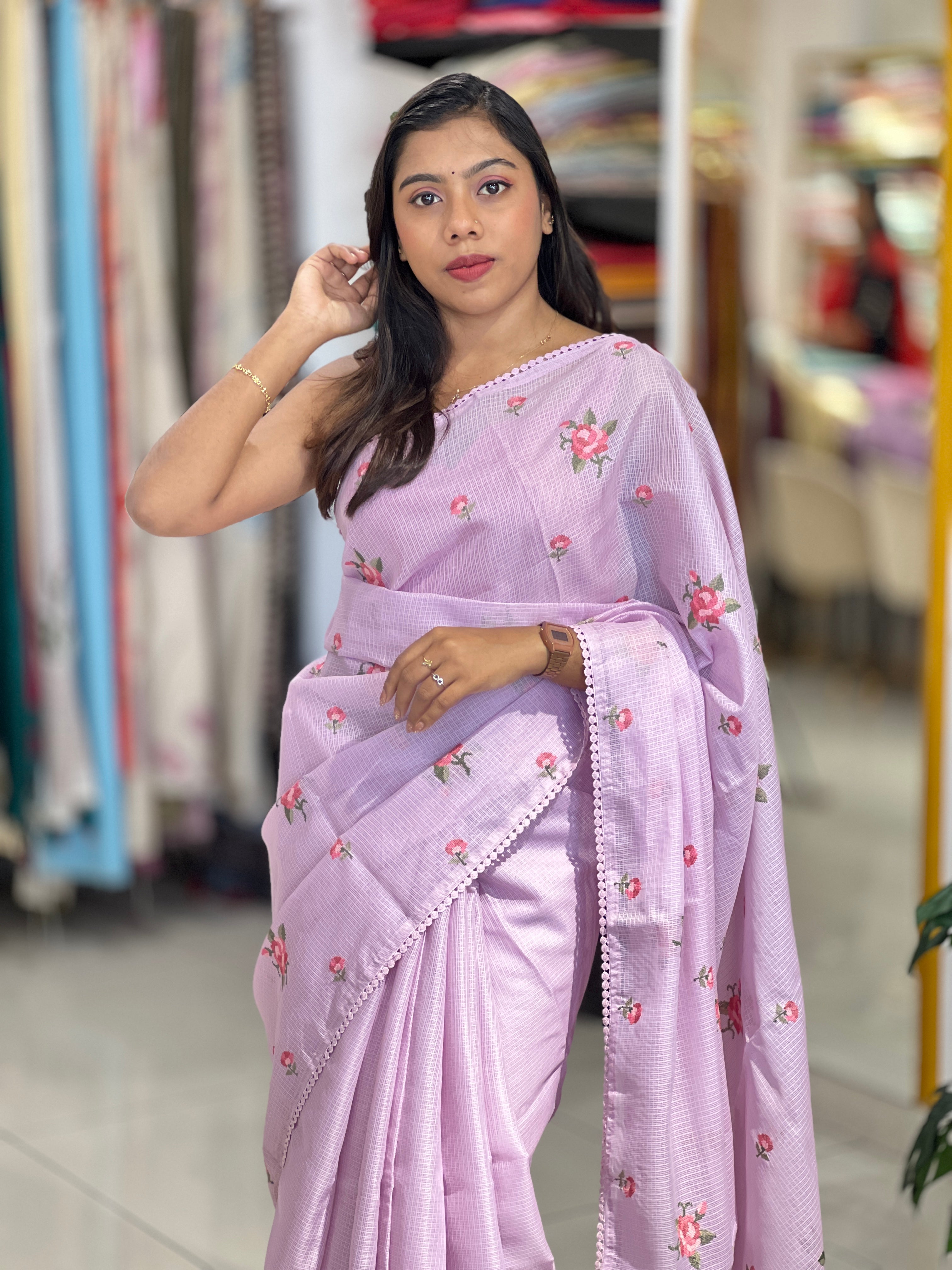 Floral Cross Stitch Embroidery Detailed Kota Saree | BLD2020