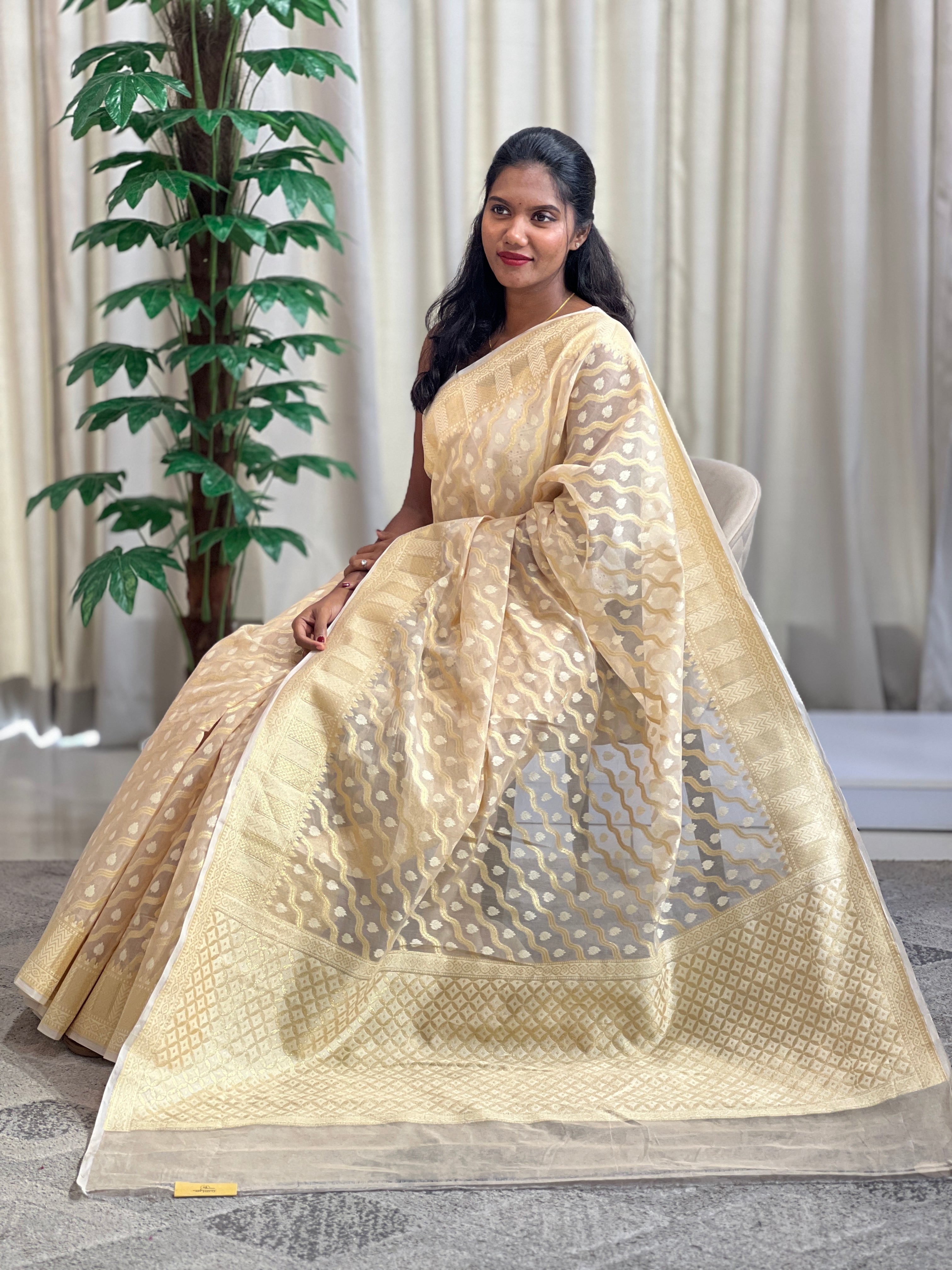 Lehar Pattern Kora Banarasi Saree |  KMM128