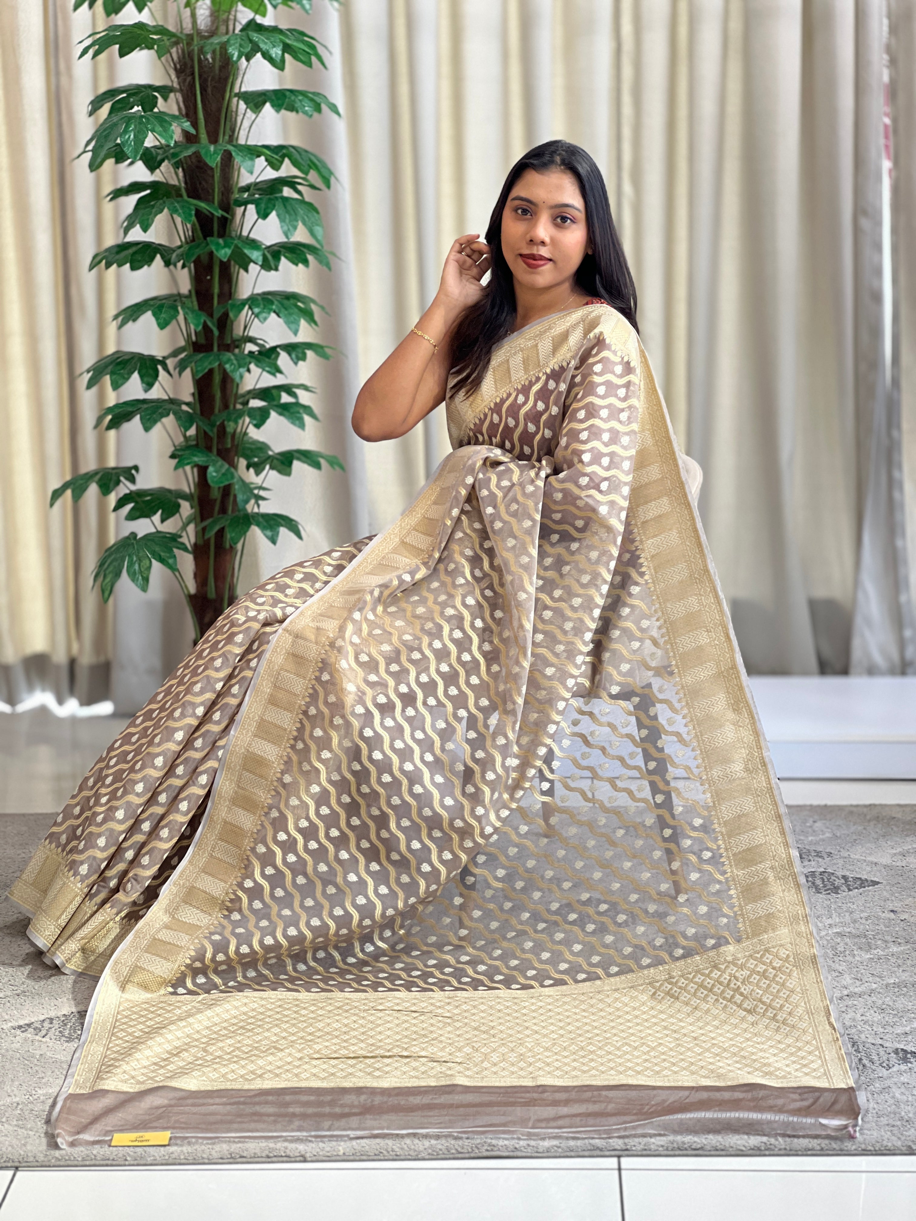 Lehar Pattern Kora Banarasi Saree | KMM129