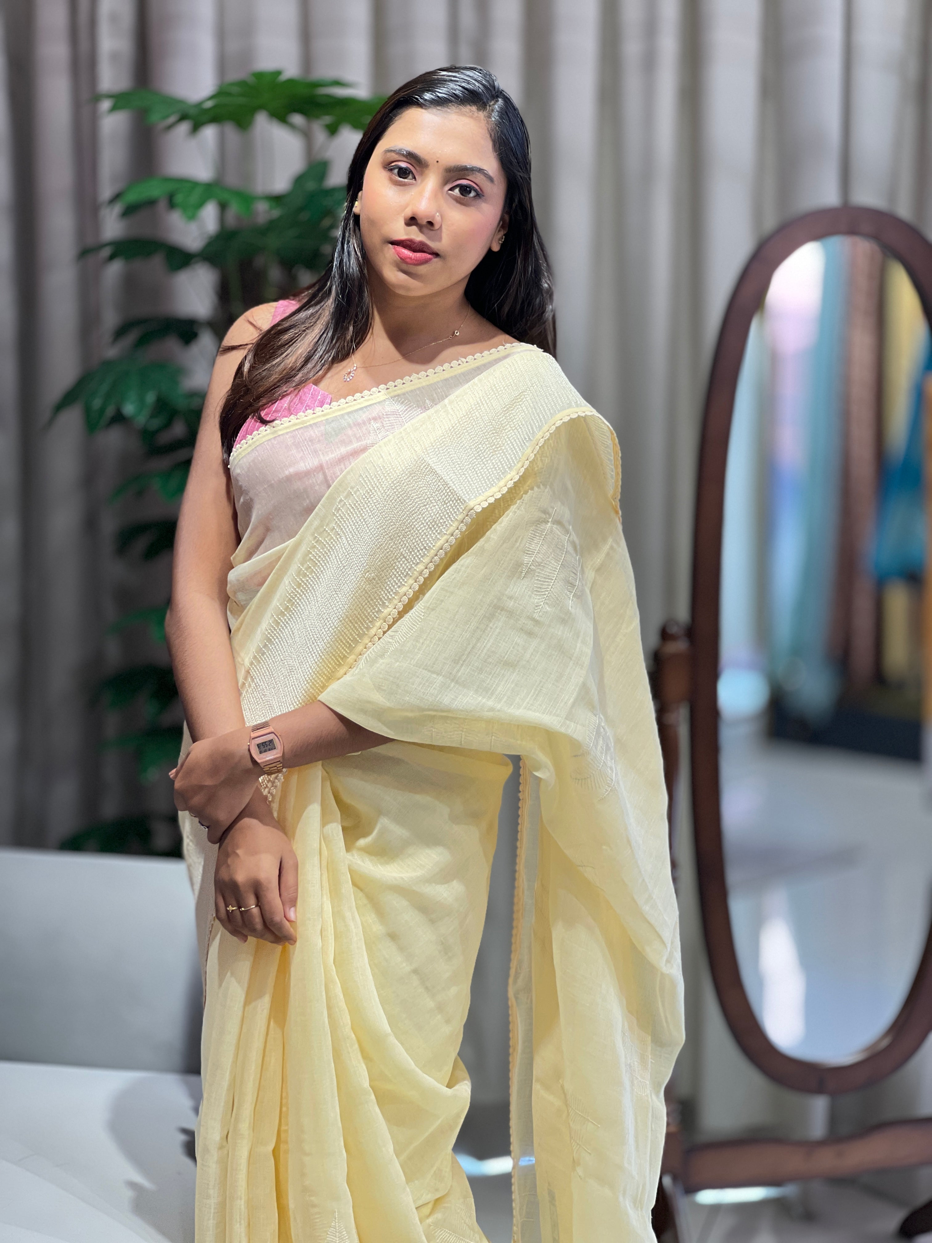 Embroidery Detailed Linen Cotton Saree | BLD2017