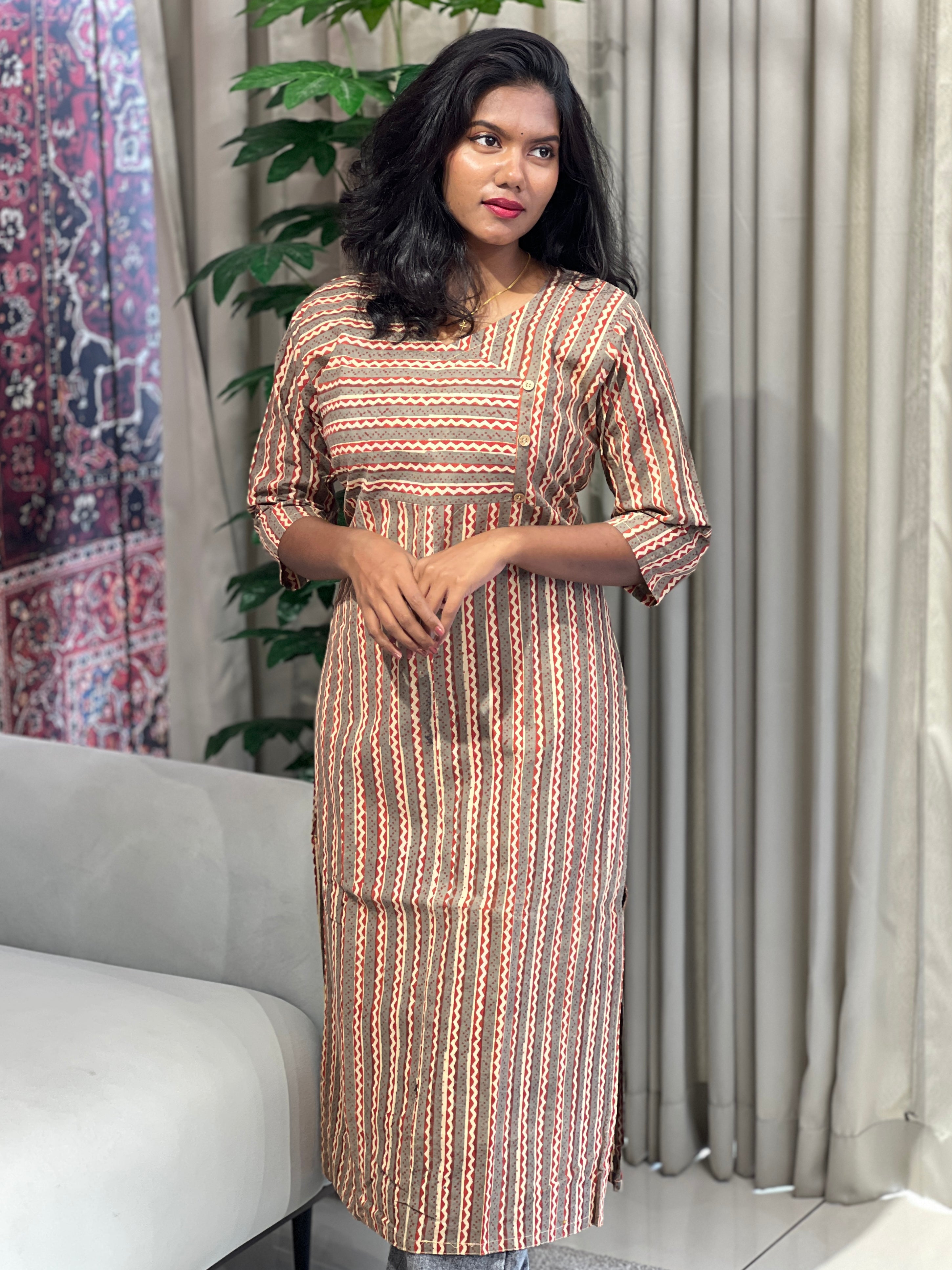 Stripes With Zigzag Pattern Cotton Kurta | RMLA124