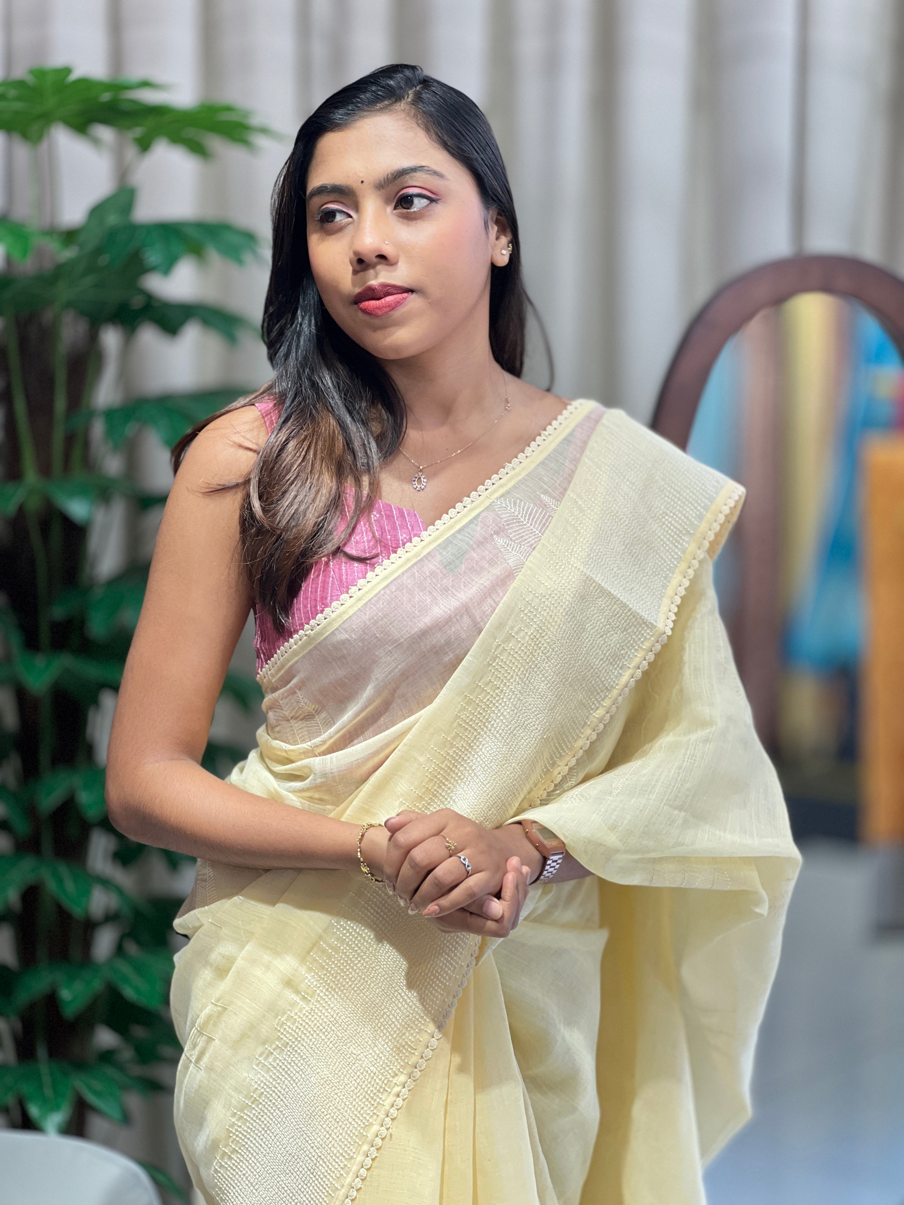 Embroidery Detailed Linen Cotton Saree | BLD2017