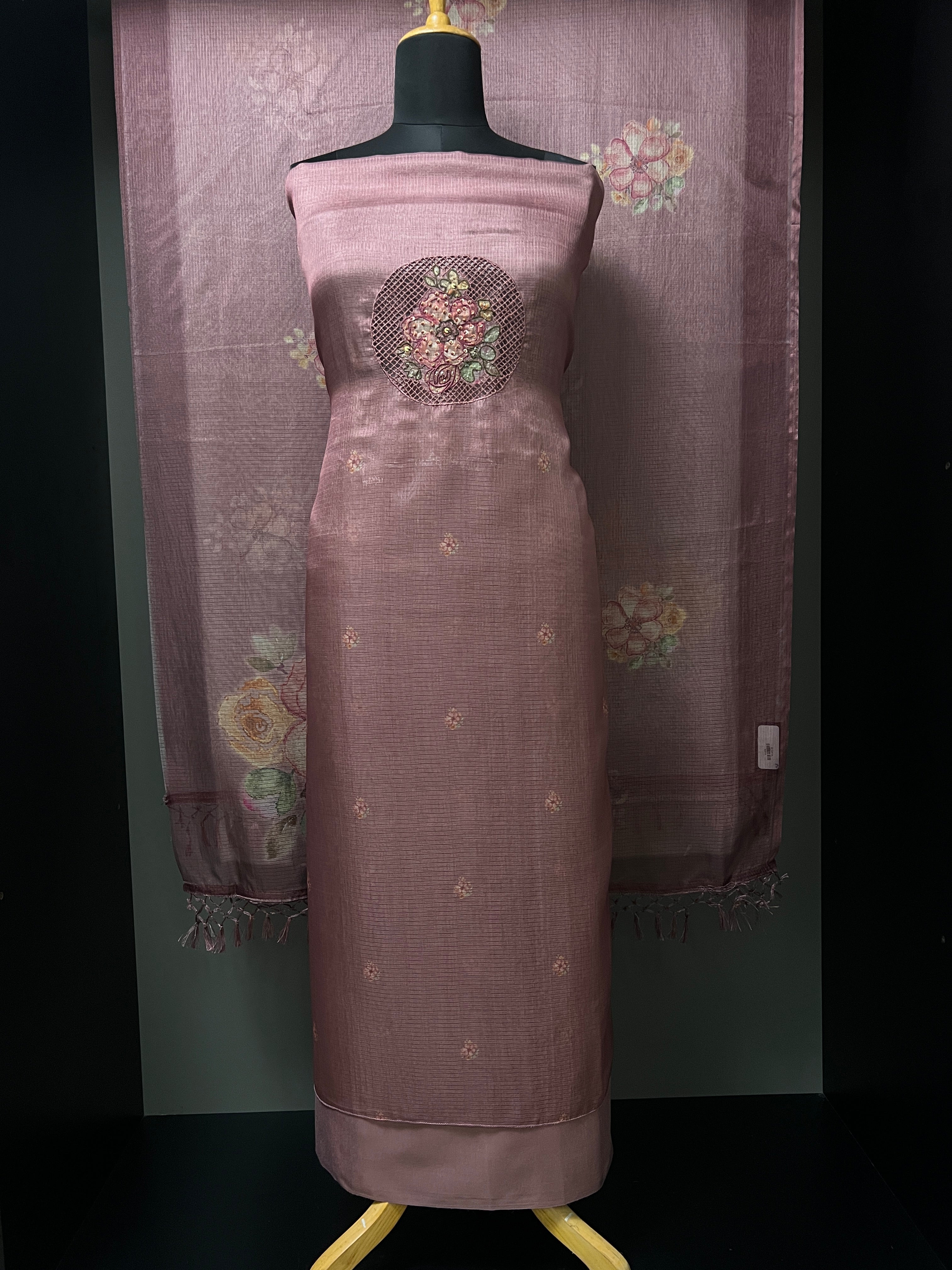 Yoke Cut Work Design With Embroidery Highlight Silky Kota Salwar Set | MS816