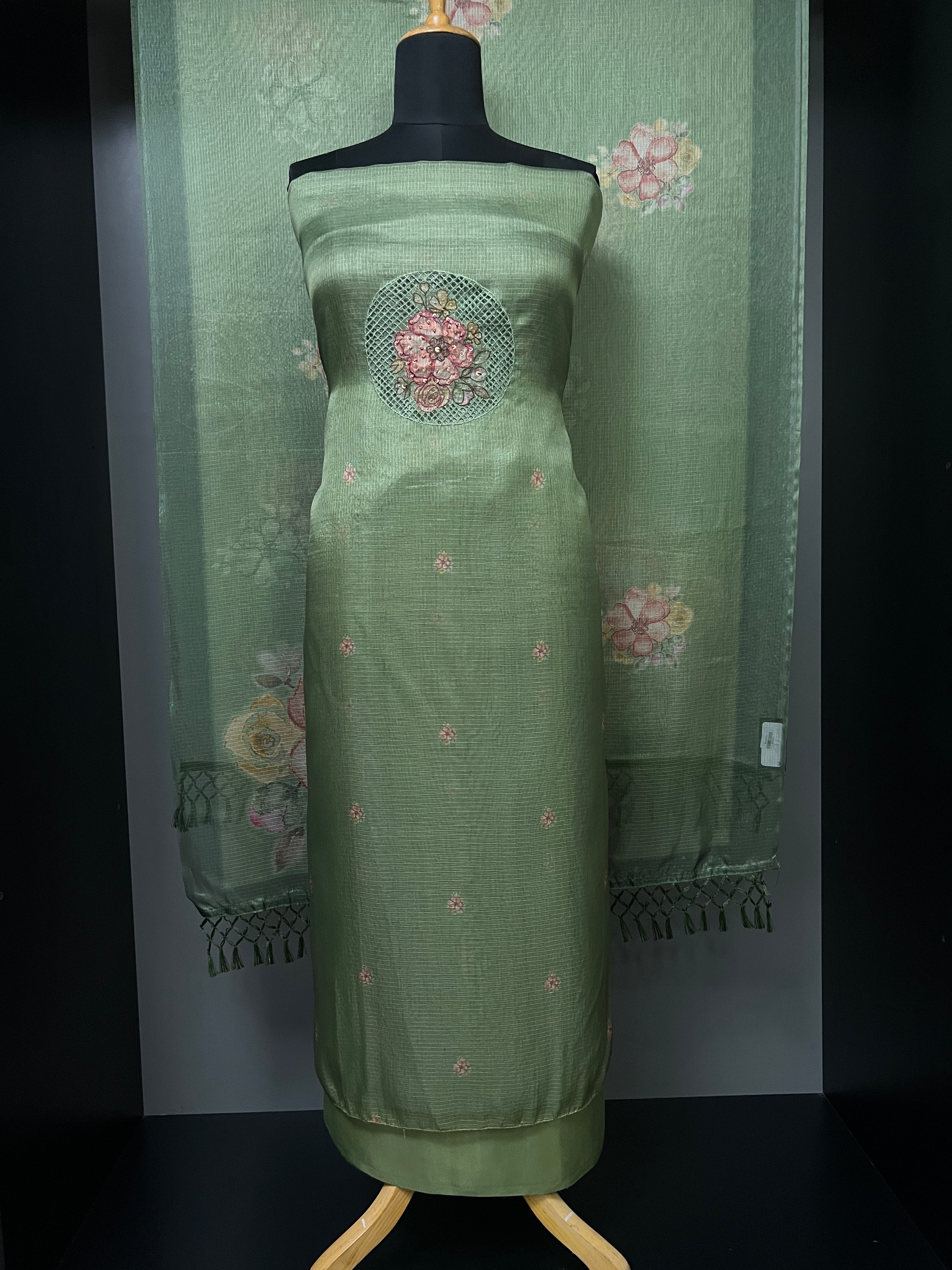 Yoke Cut Work Design With Embroidery Highlight Silky Kota Salwar Set | MS803