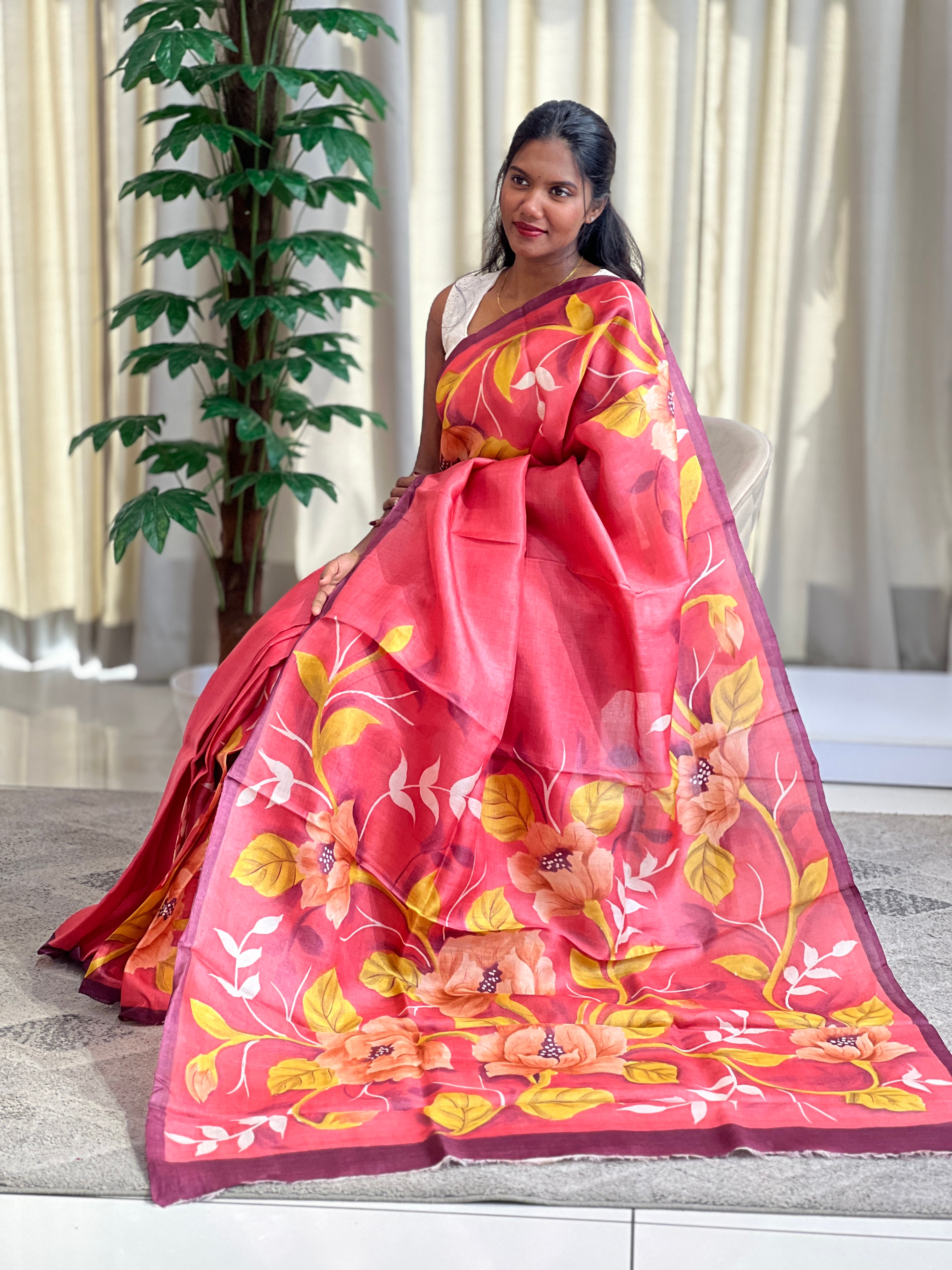 Floral Hand Painted Pattern Soft Korean Tussar Saree | SBS1448