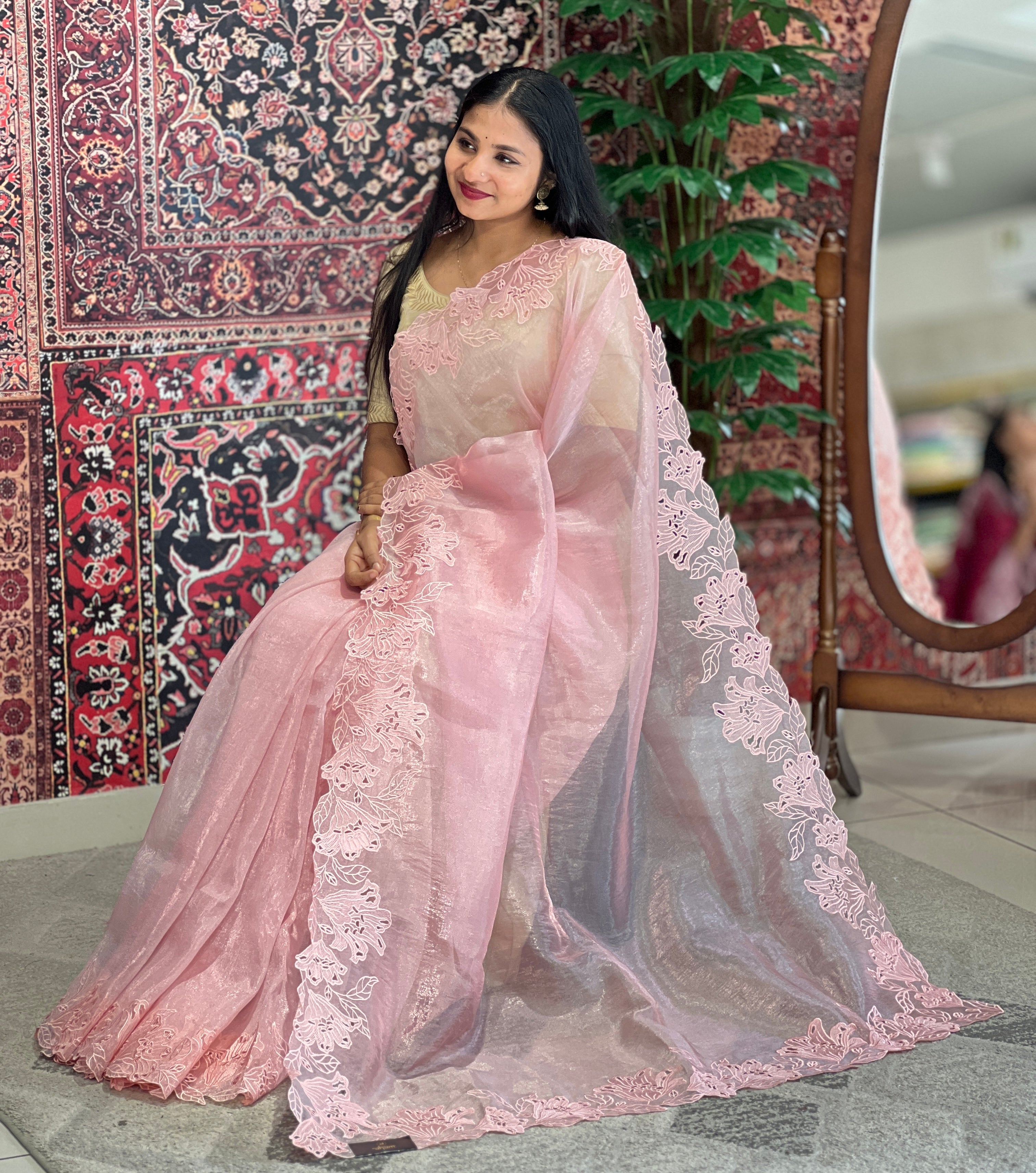 Machine Embroidery Cutwork Detailed Shimmer Organza Saree | BLD530