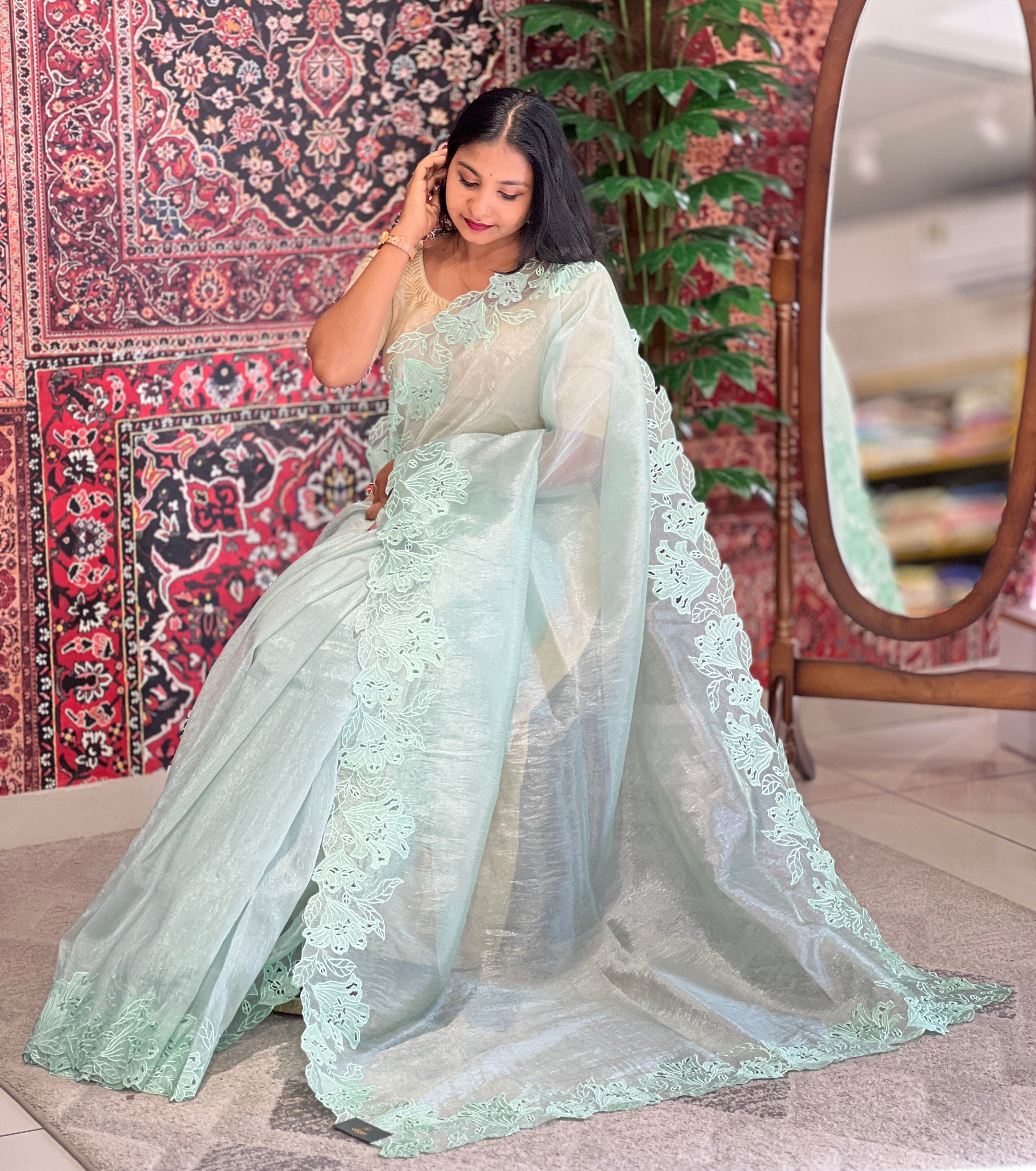 Machine Embroidery Cutwork Detailed Shimmer Organza Saree | BLD529