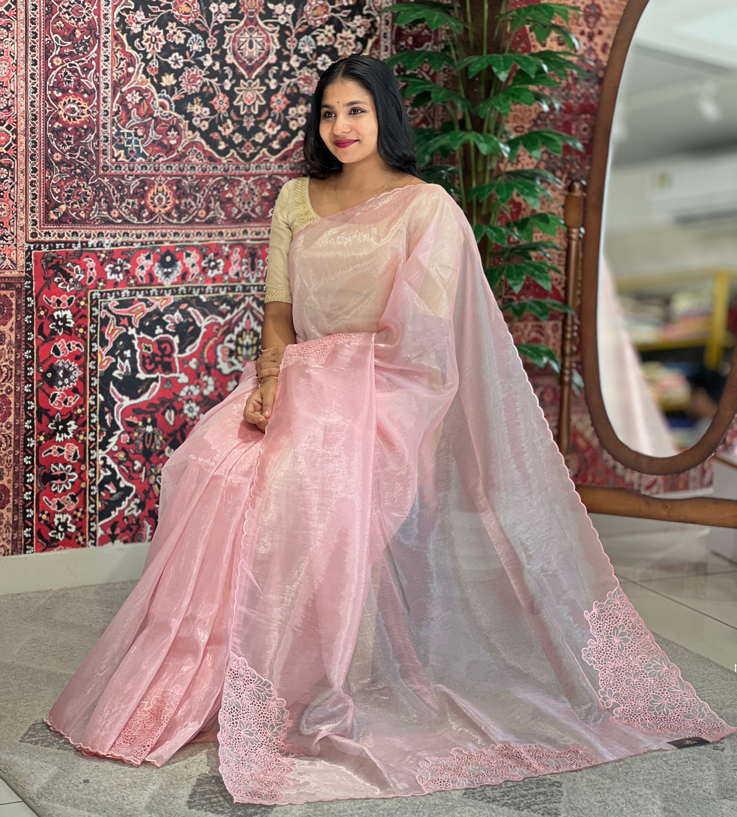 Machine Embroidery Cutwork Detailed Shimmer Organza Saree | BLD494
