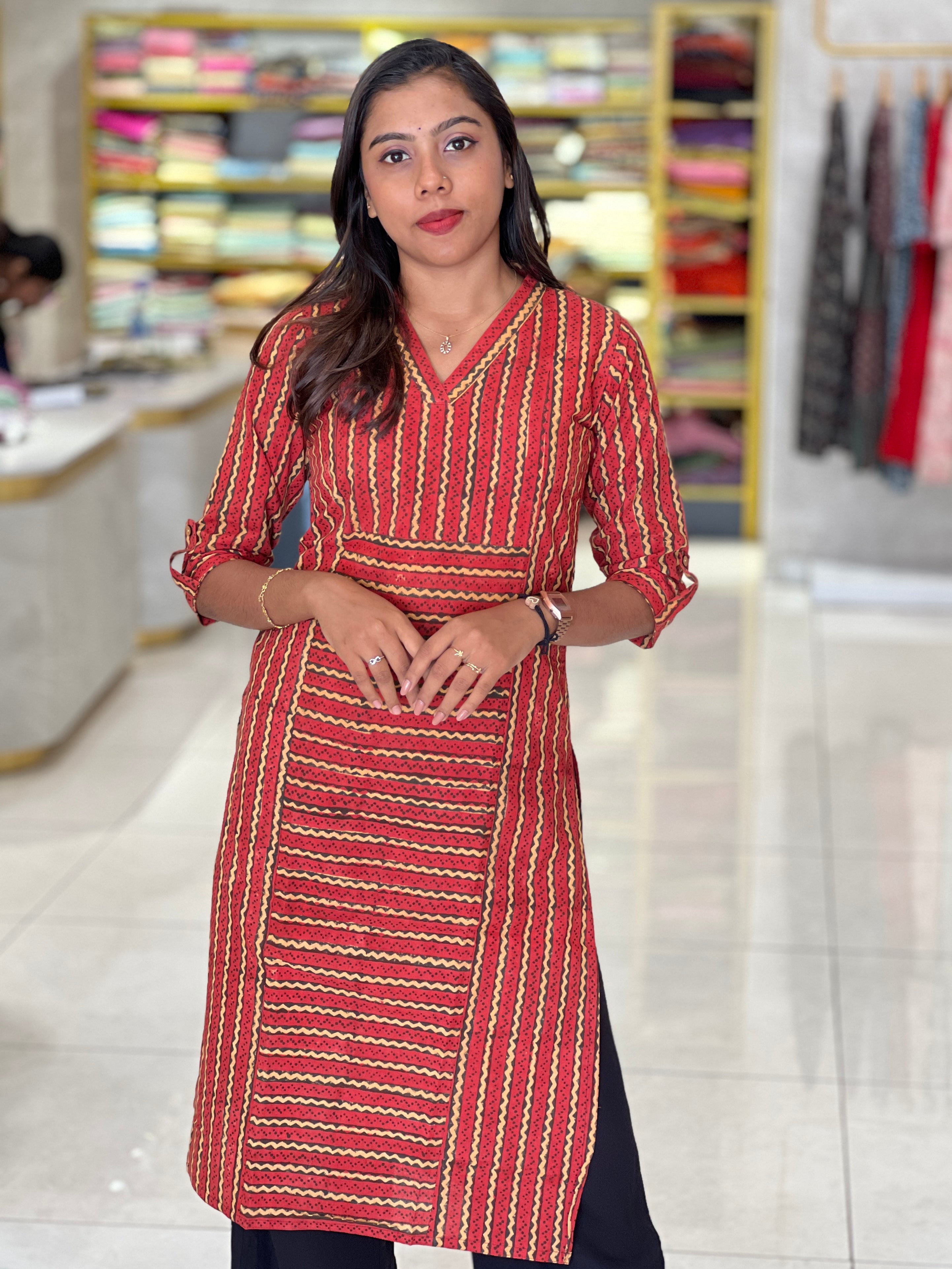 Vertical Zigzag Pattern Cotton Kurta | RMLA137
