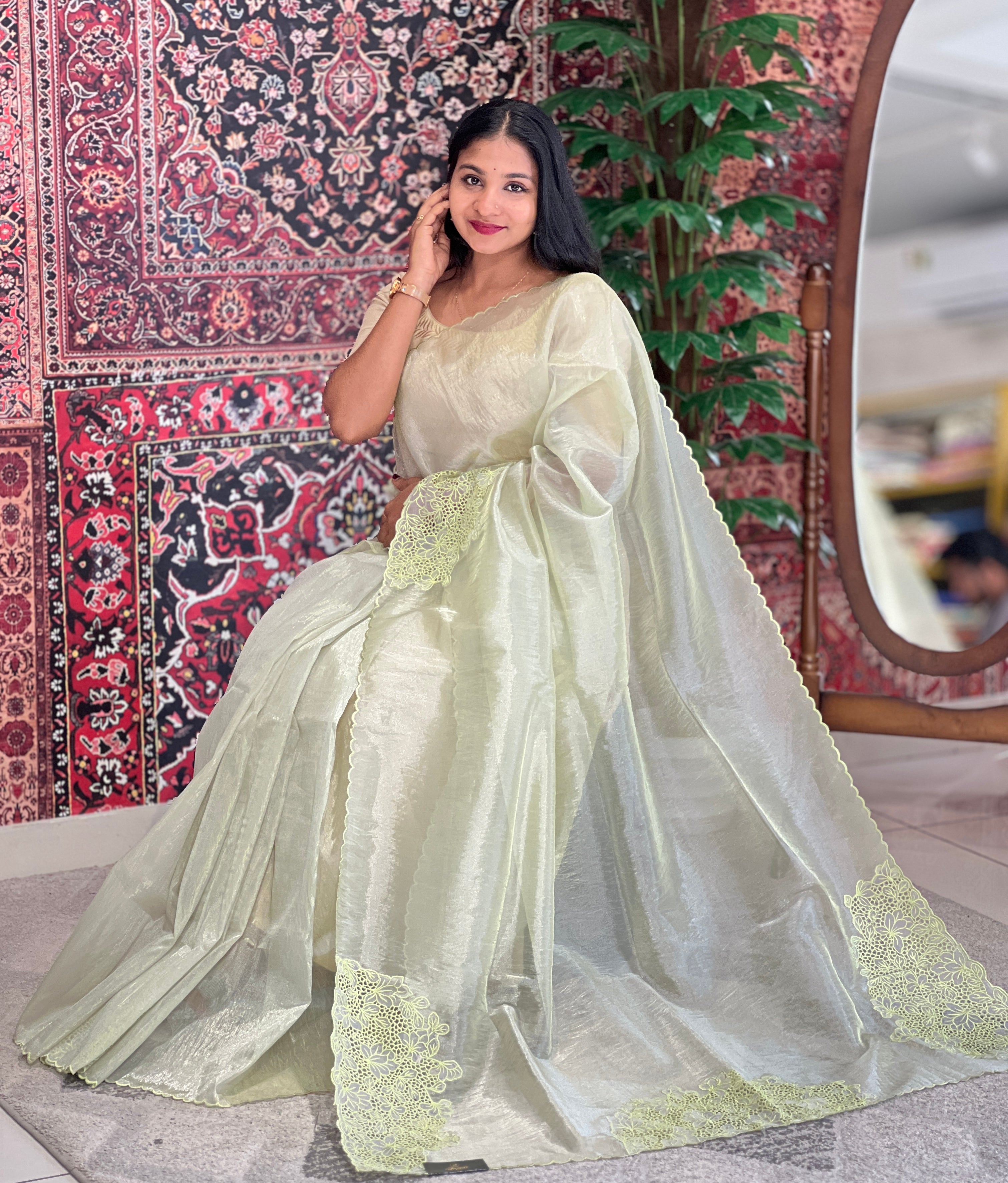 Machine Embroidery Cutwork Detailed Shimmer Organza Saree | BLD493