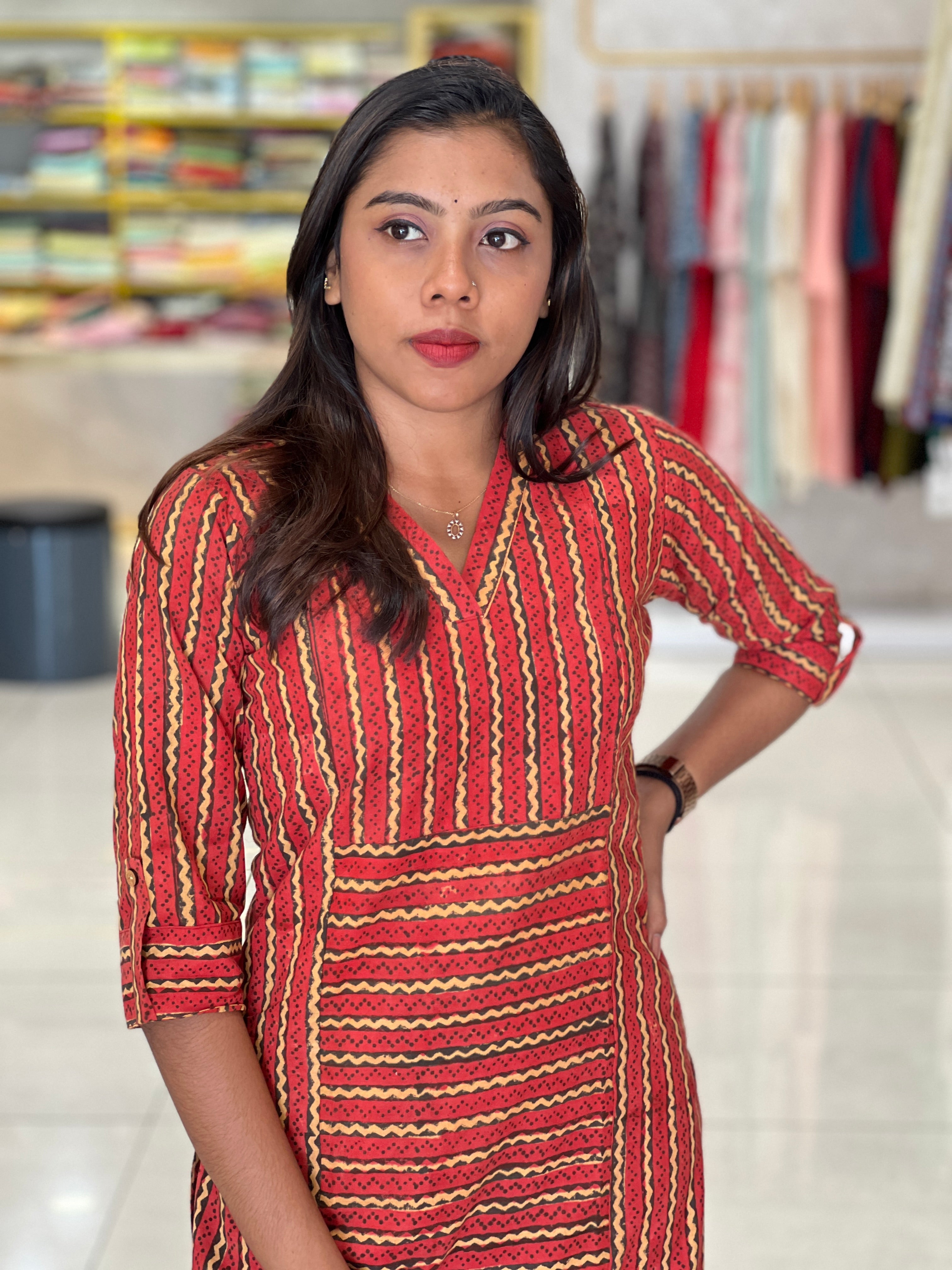 Vertical Zigzag Pattern Cotton Kurta | RMLA137