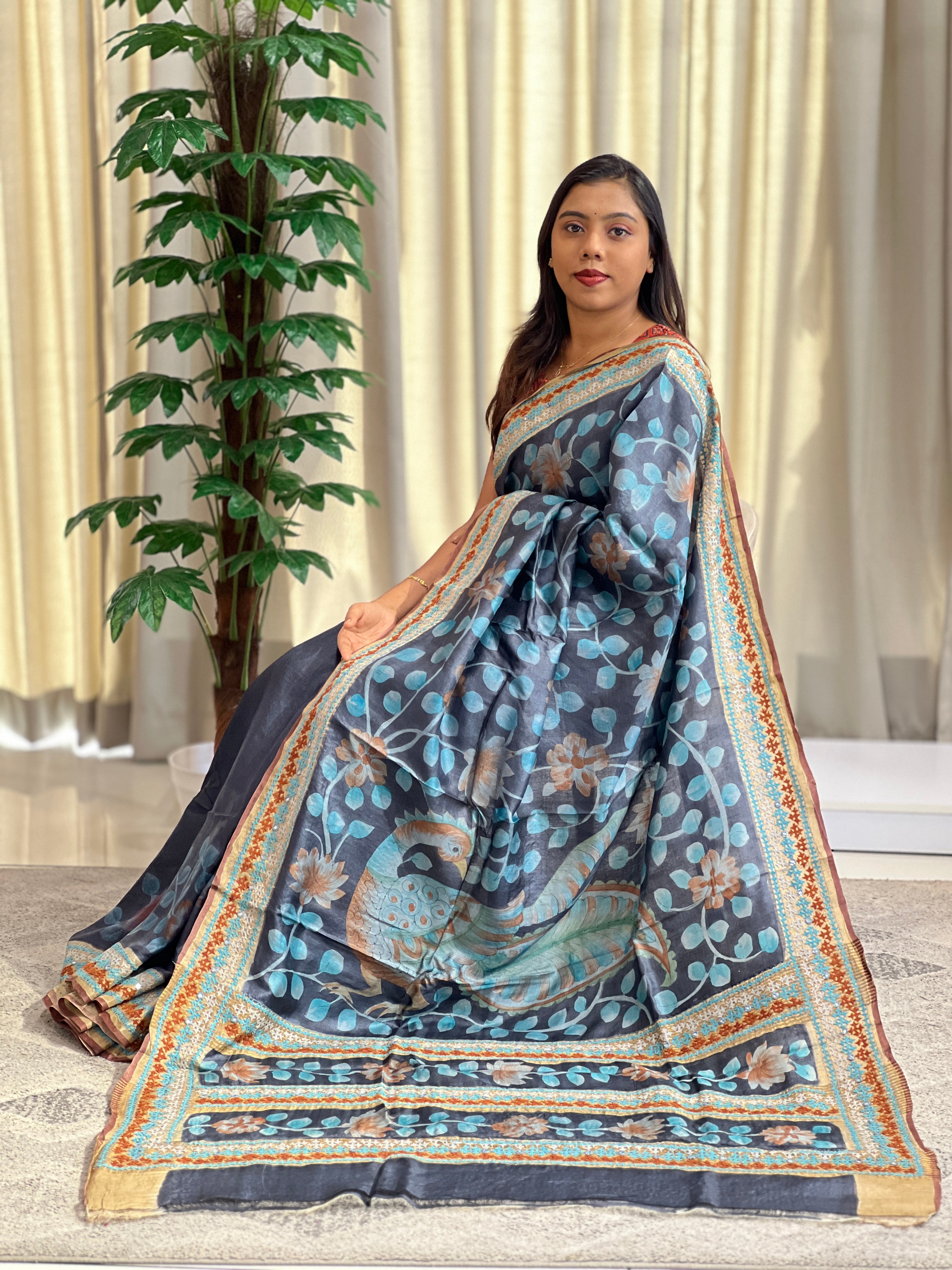 Pen Kalamkari Pattern Desi Tussar Saree | SBS1443