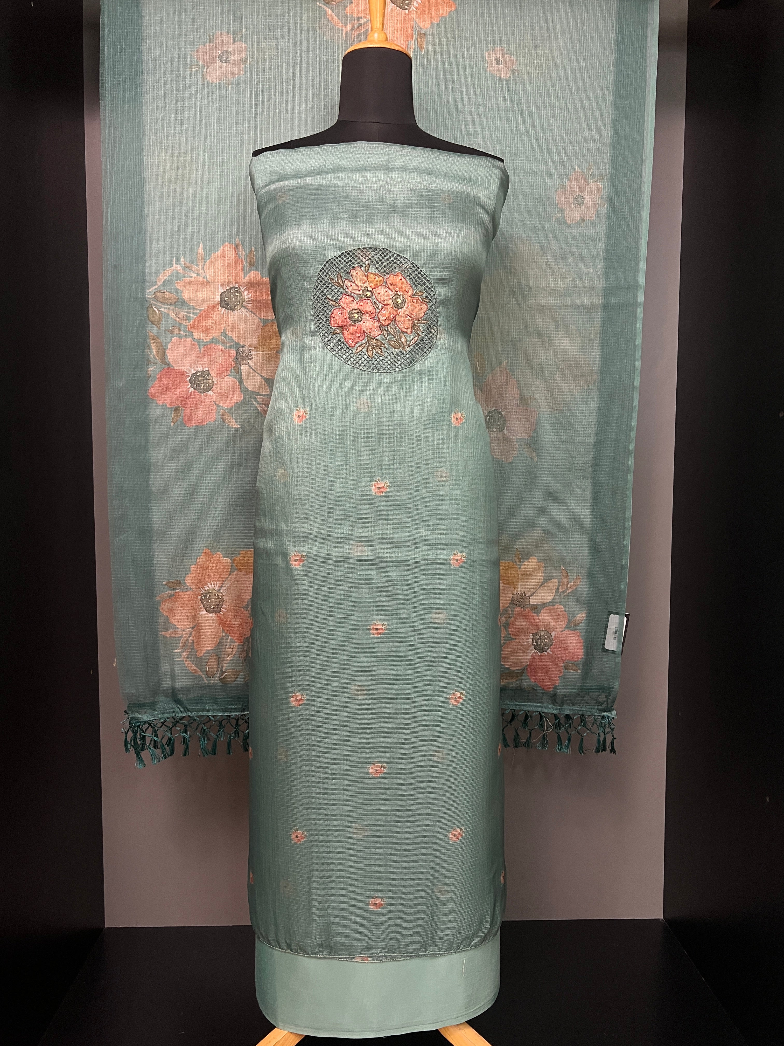 Yoke Cut Work Design With Embroidery Highlight Silky Kota Salwar Set | MS811