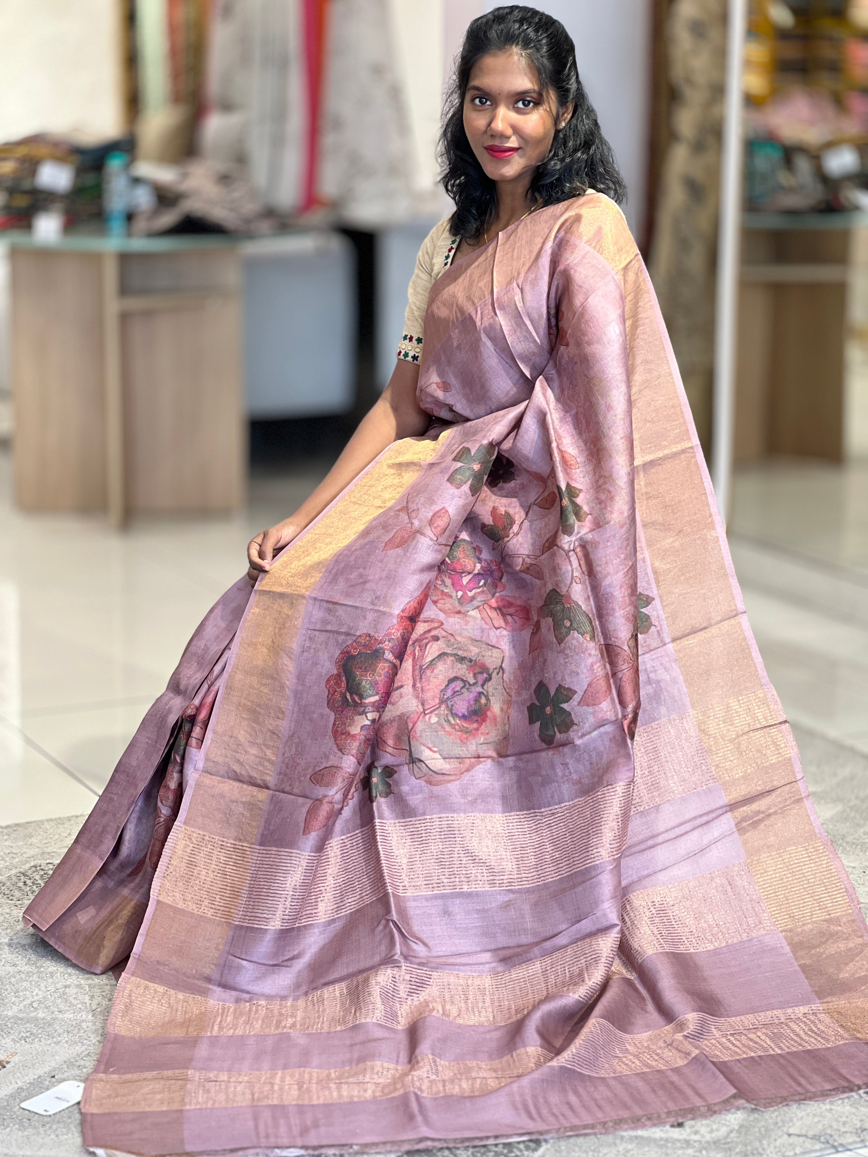 Digital Print With Zari Border Detailed  Tussar Saree | COC115