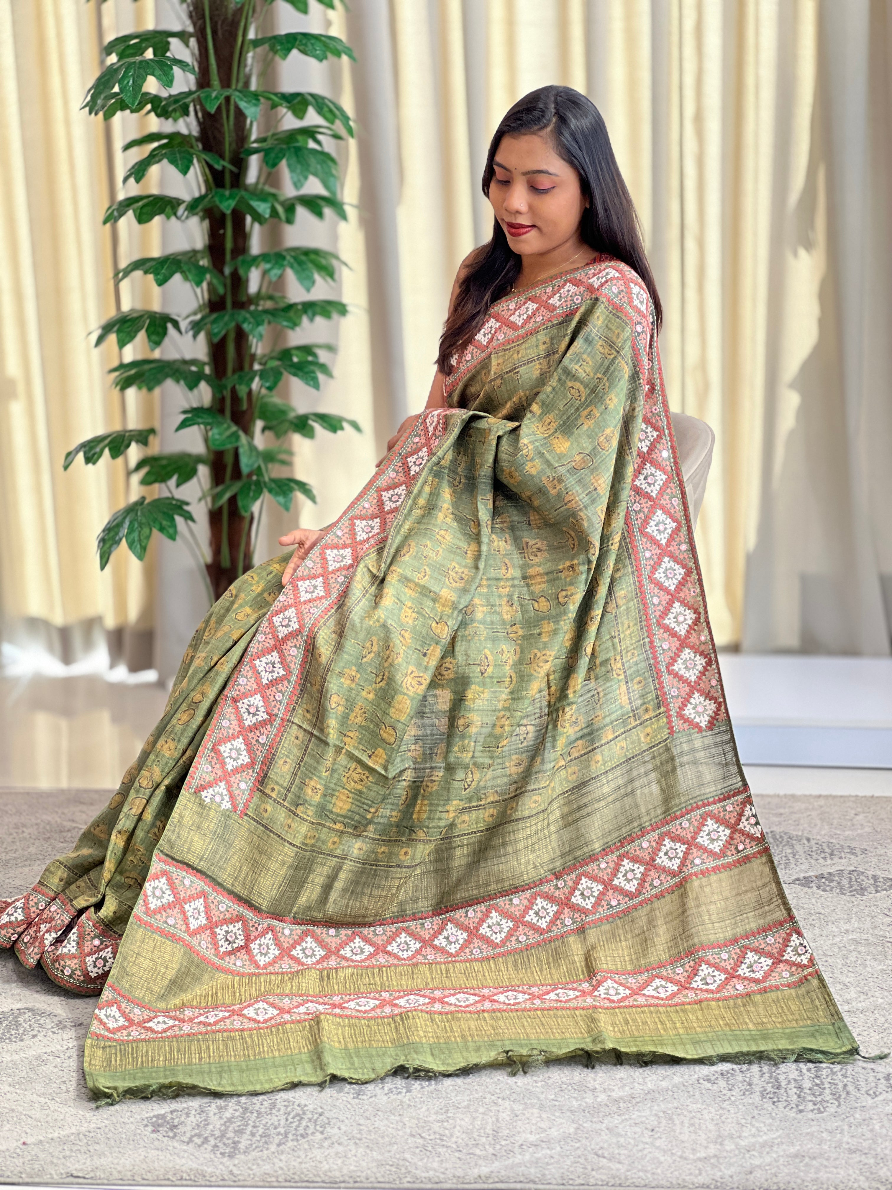 Traditional Kutch Embroidered  Border Pattern Desi Tussar Saree | SBS1442