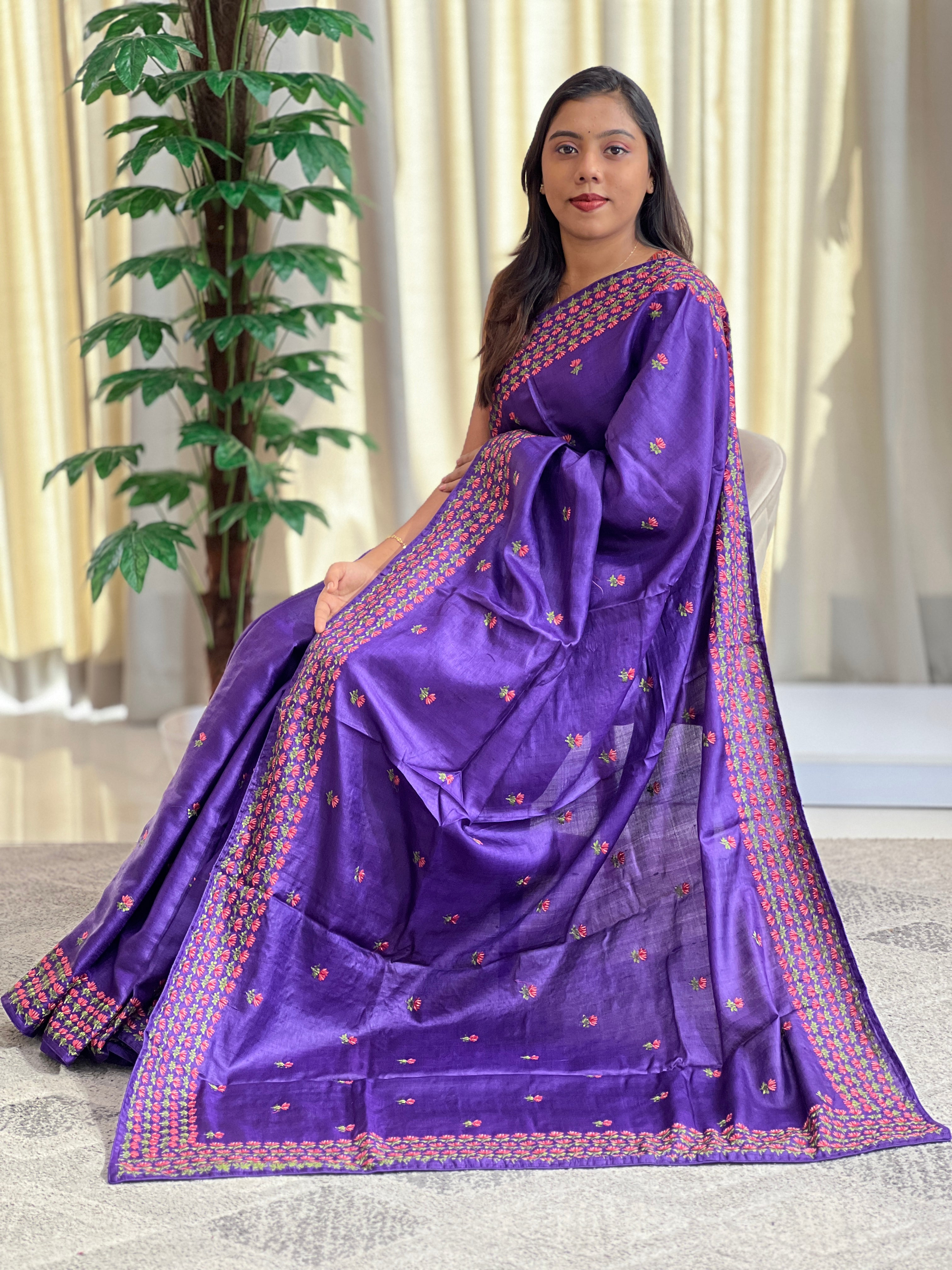 Lotus Inspired Embroidery Design Tussar Saree |  SBS1446