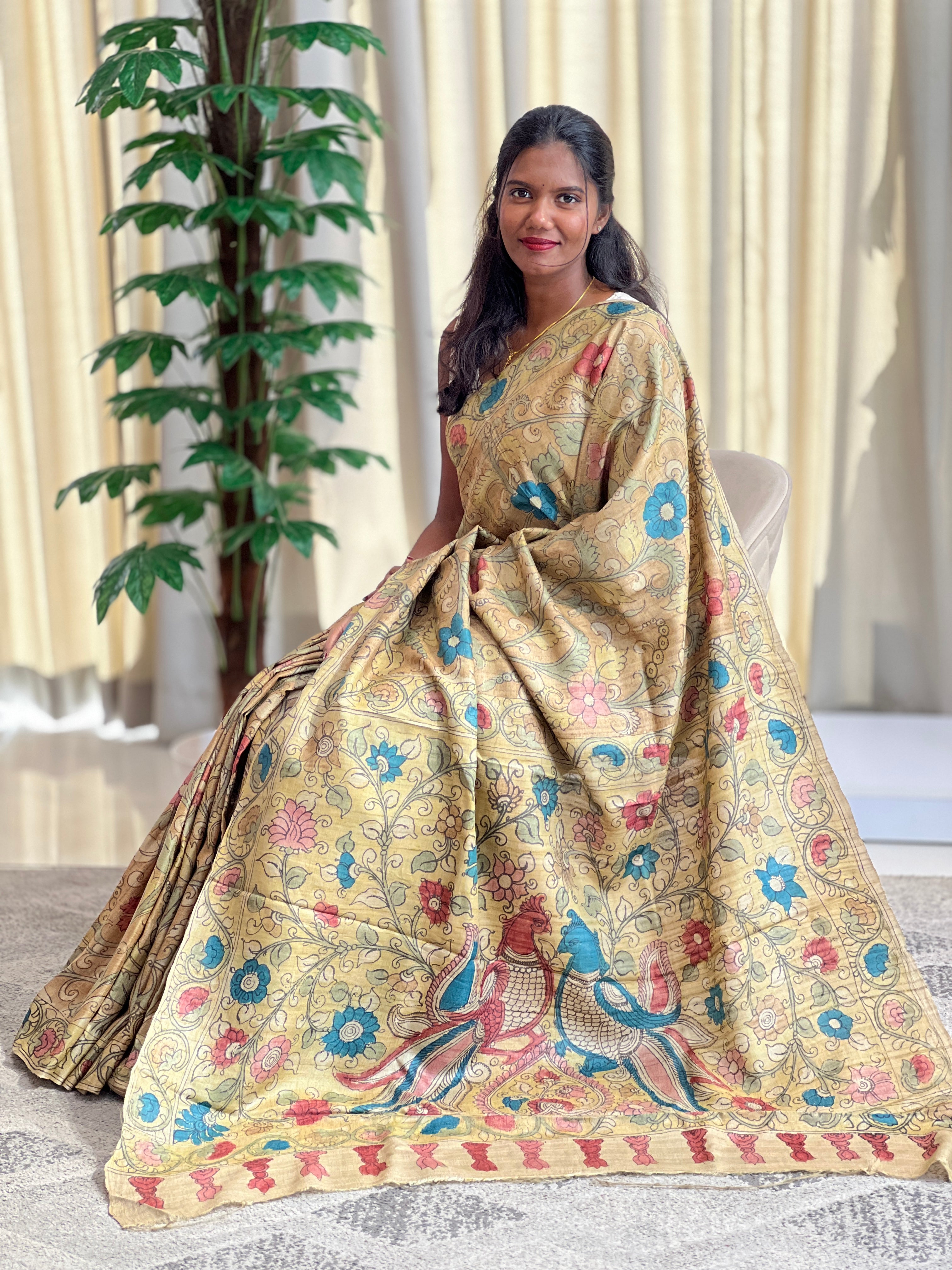 Traditional Pen Kalamkari Pure Desi Tussar Saree | SBS1462