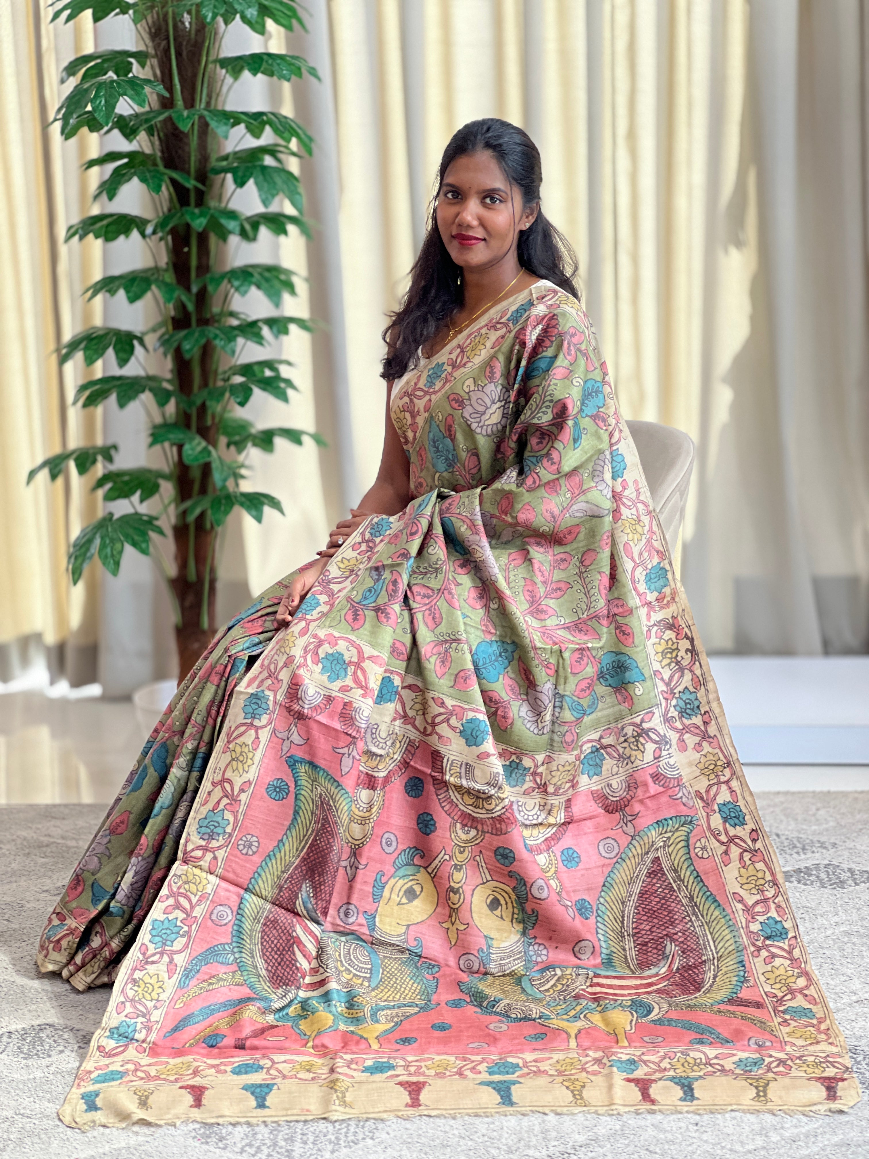 Traditional Pen Kalamkari Pure Desi Tussar Saree | SBS1463