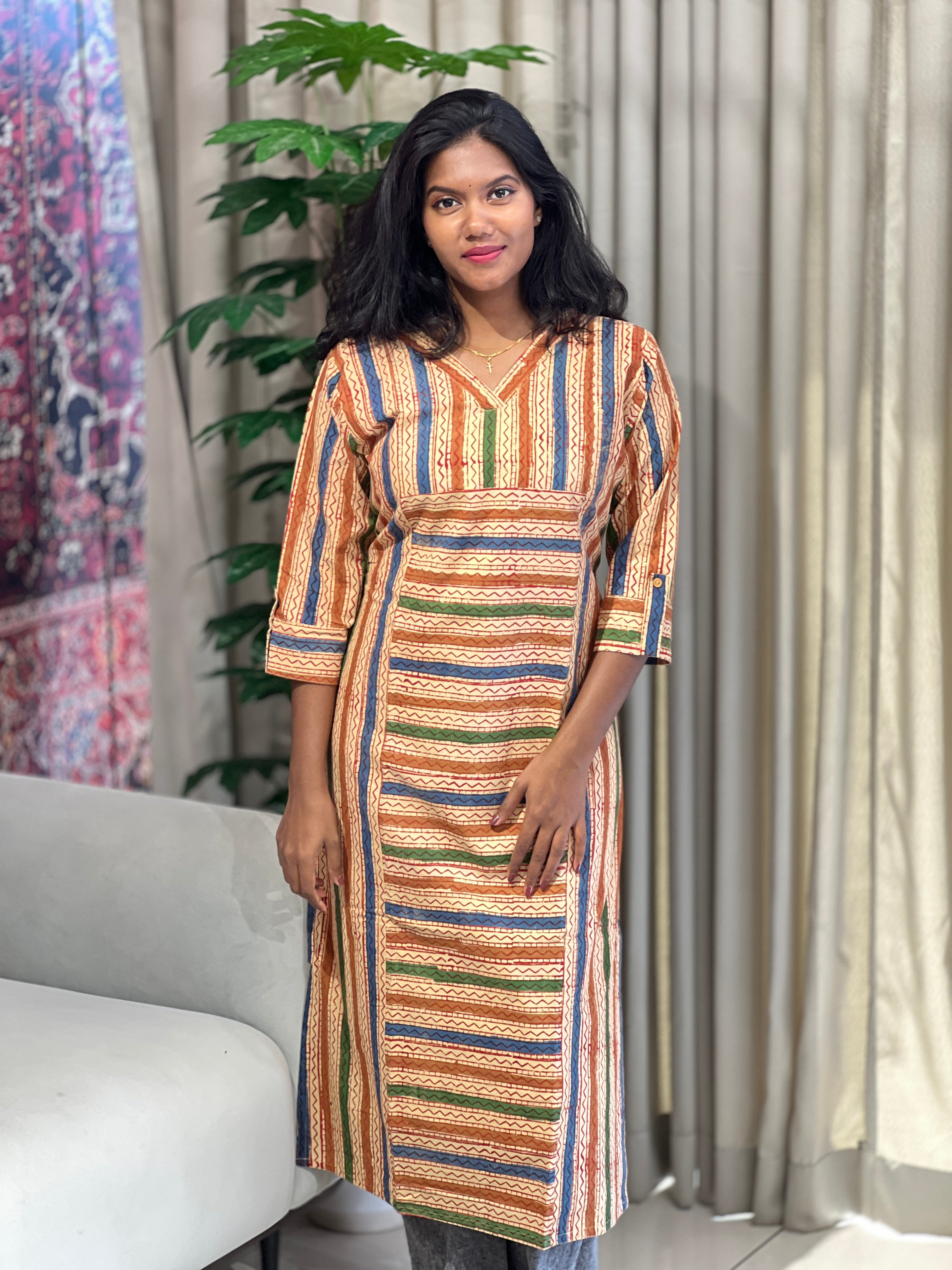 Stripes With Zigzag Patterned Cotton Kurta | RMLA138