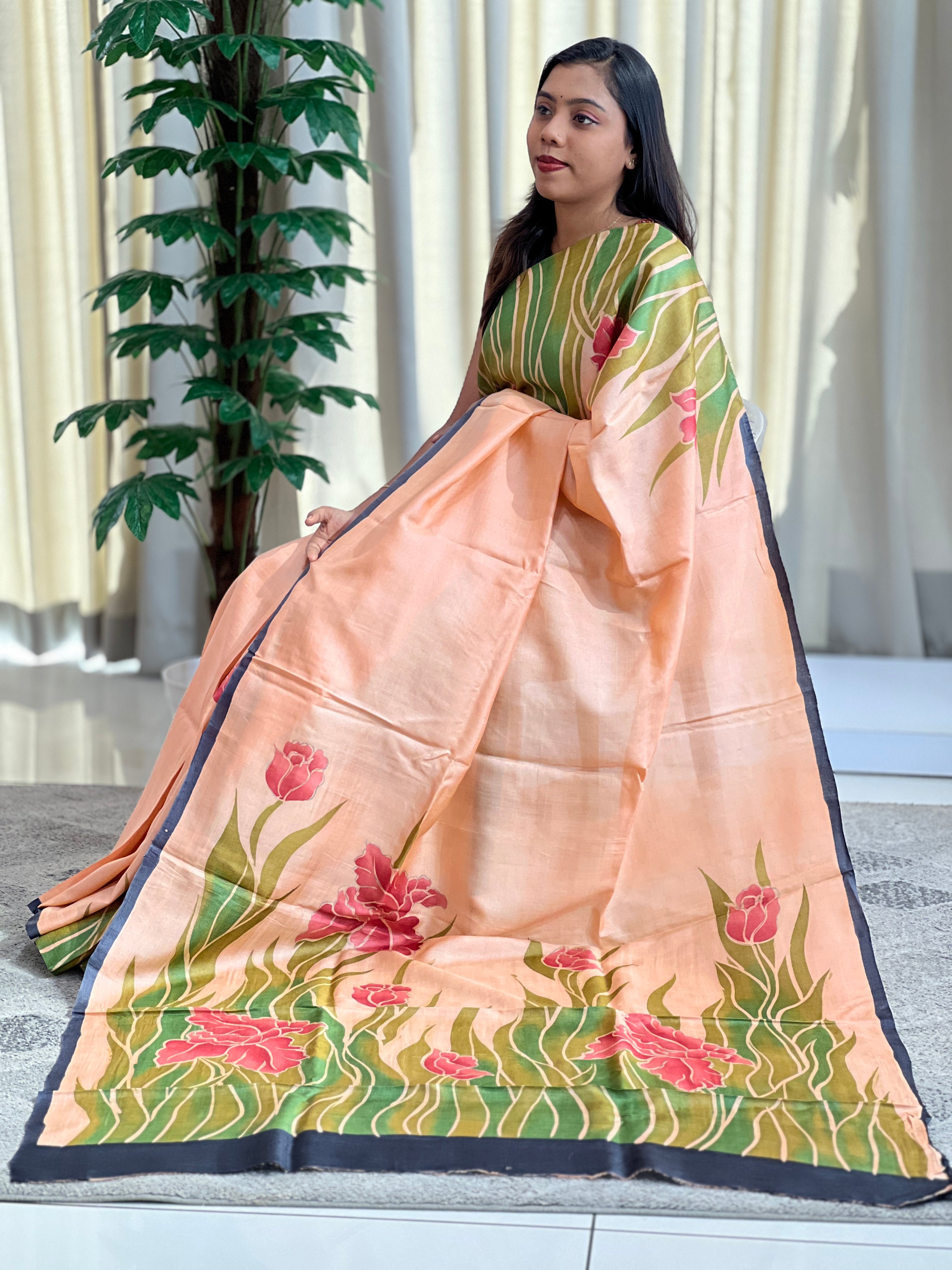 Floral Hand Painted Pattern Soft Korean Tussar Saree | SBS1452