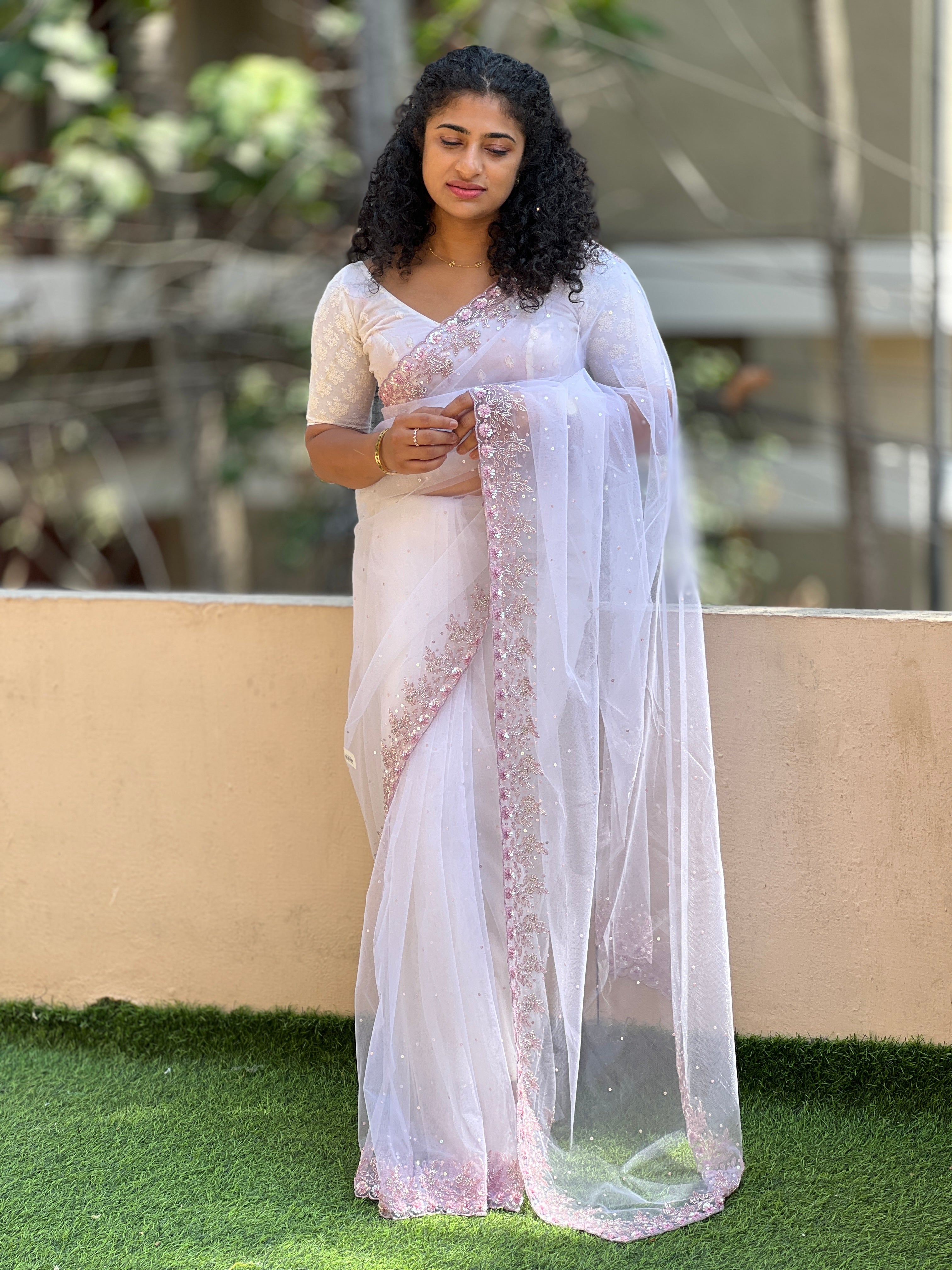 White Color Embroidered Net Saree | SBP138