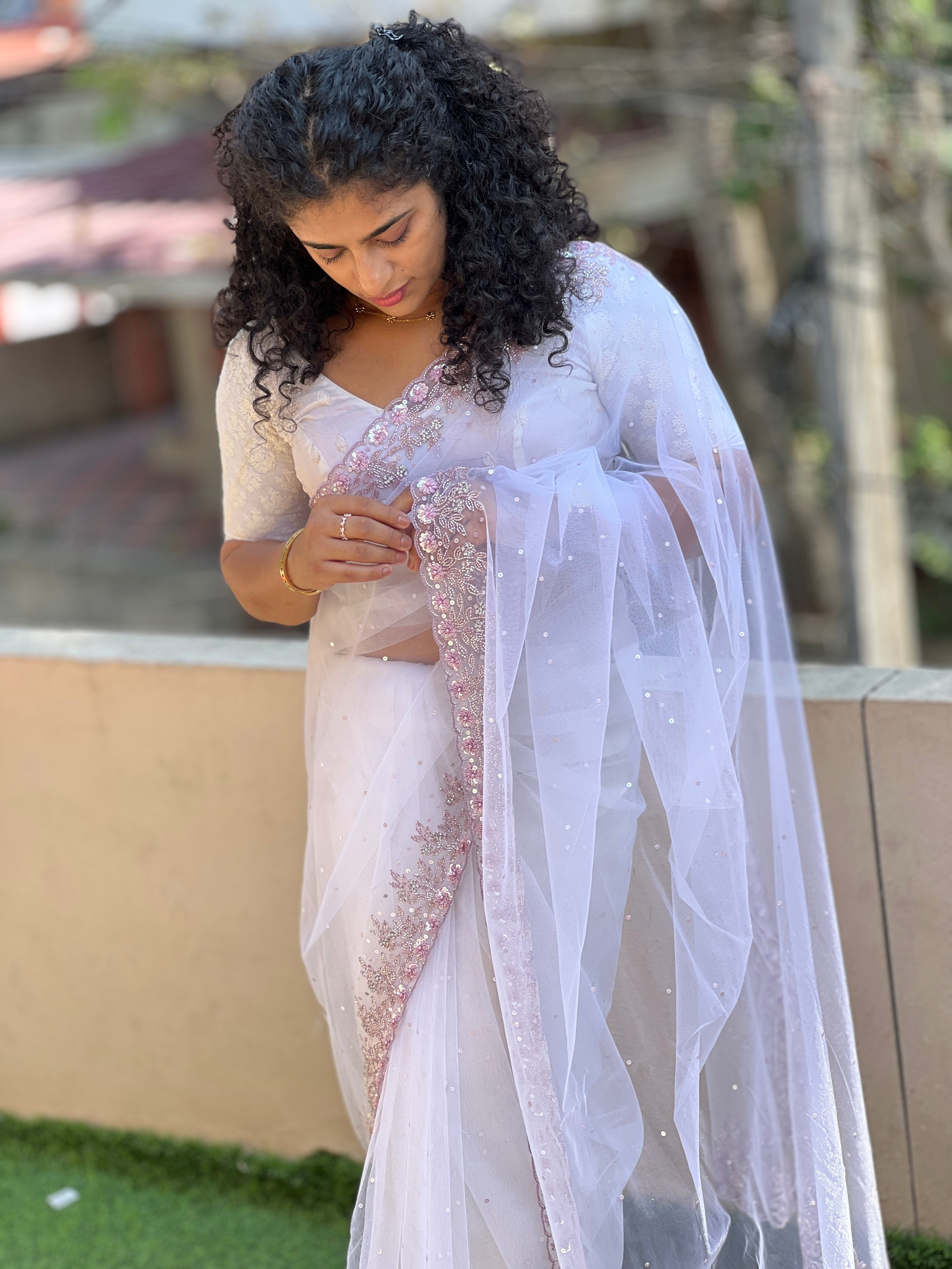 White Color Embroidered Net Saree | SBP138