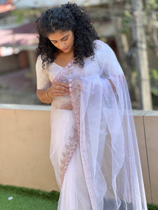 White Color Embroidered Net Saree | SBP138