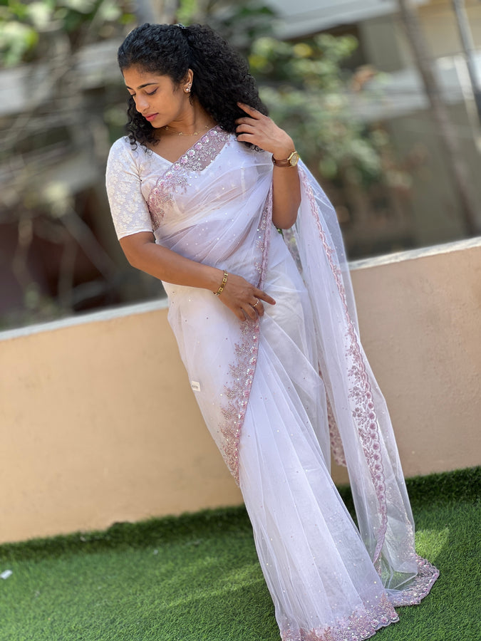 White Color Embroidered Net Saree | SBP138