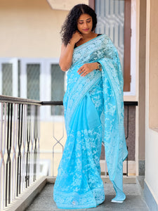 Embroidery Floral Motif Organza Saree | SBS603
