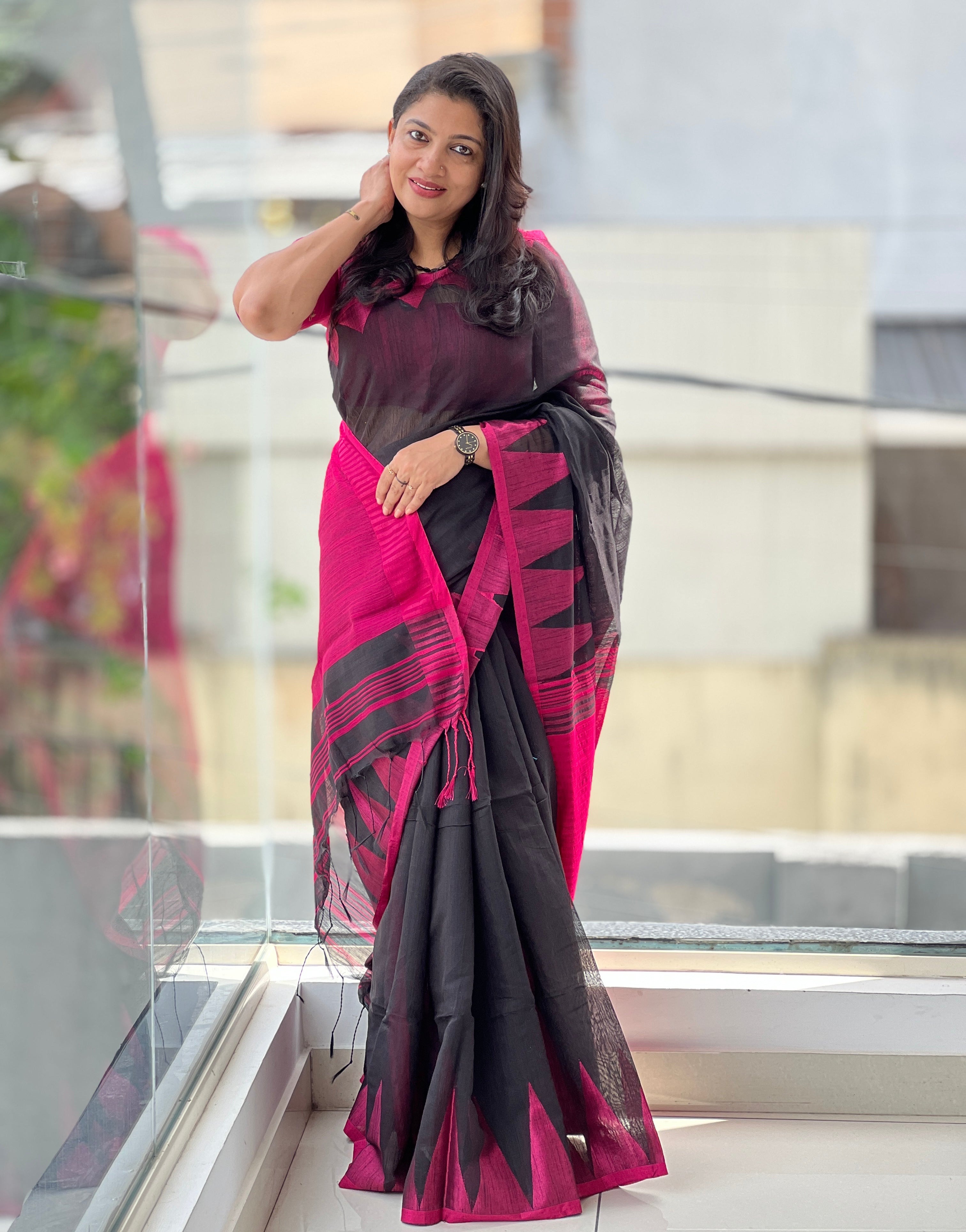 Contrast Temple Border Detailed Bhagalpuri Linen Saree | RP743